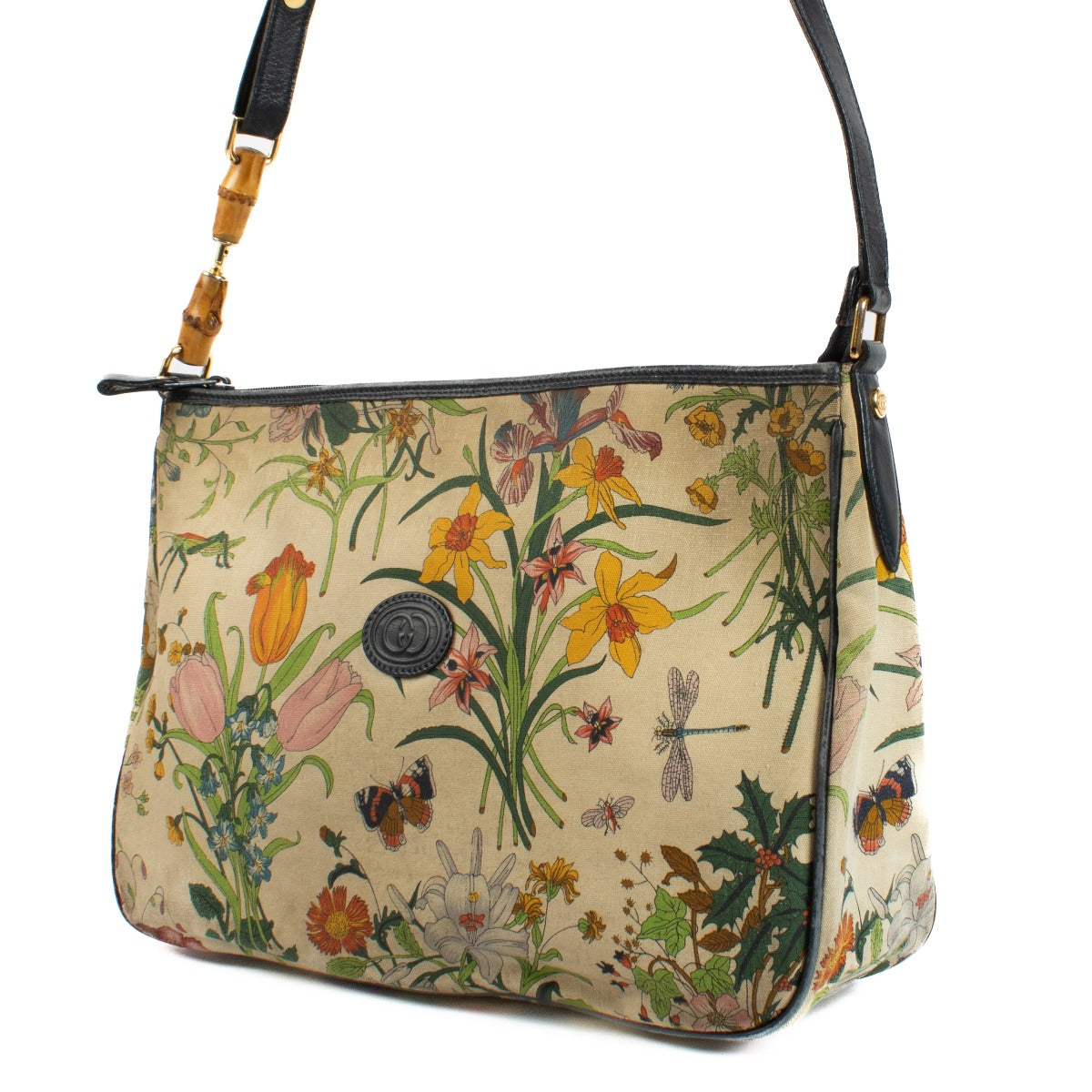 Gucci 1980s Flora Canvas Bamboo Crossbody Bag