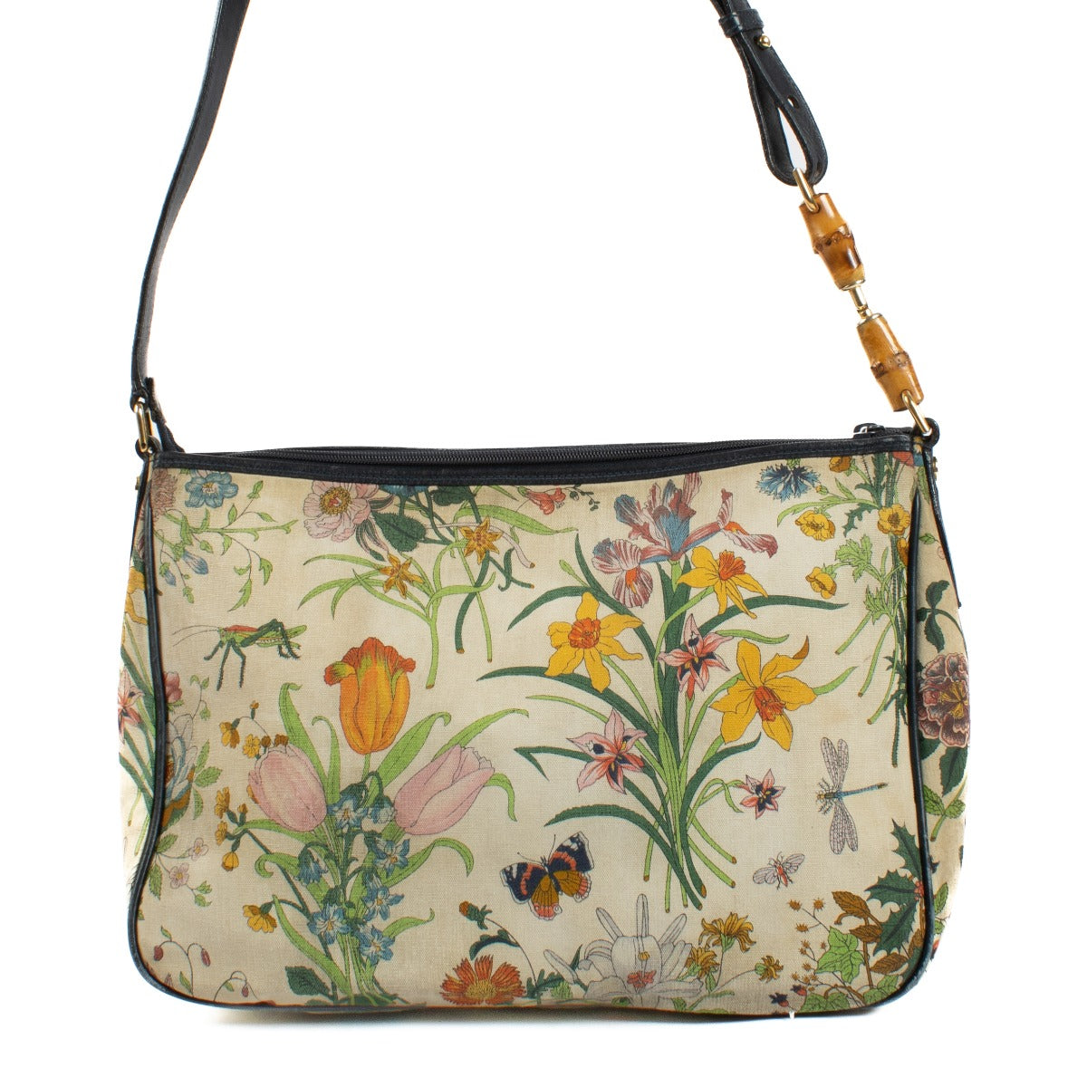 Gucci 1980s Flora Canvas Bamboo Crossbody Bag