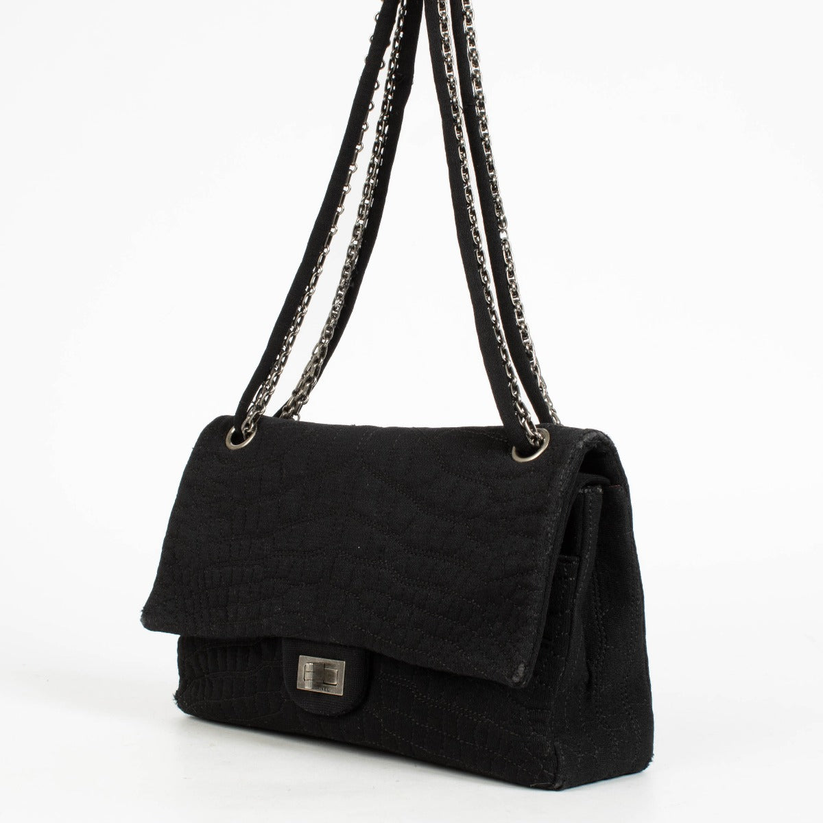 Authentic pre-loved Chanel Black Jersey Coco's Croc Medium 2.55 Reissue Flap Bag on Labellov.com