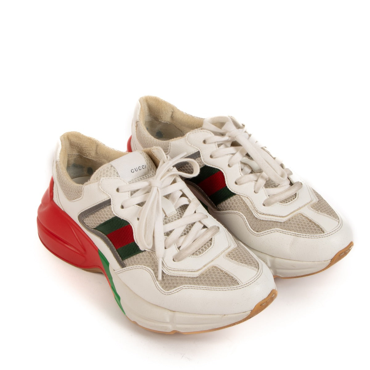Gucci White/Red Leather Web Rhyton Sneakers