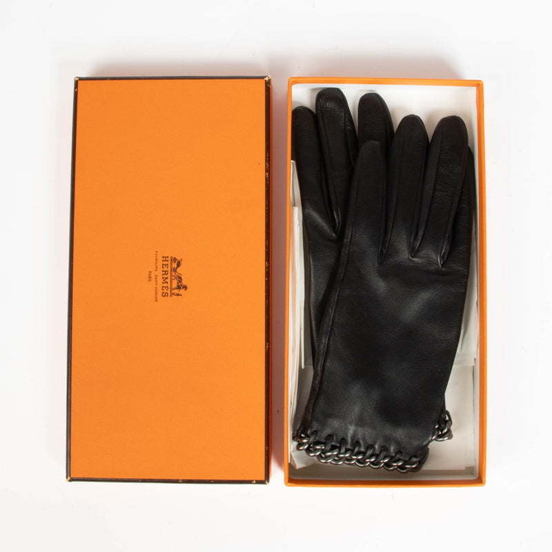 Gants Hermès en agneau noir avec chaîne - Taille 7,5