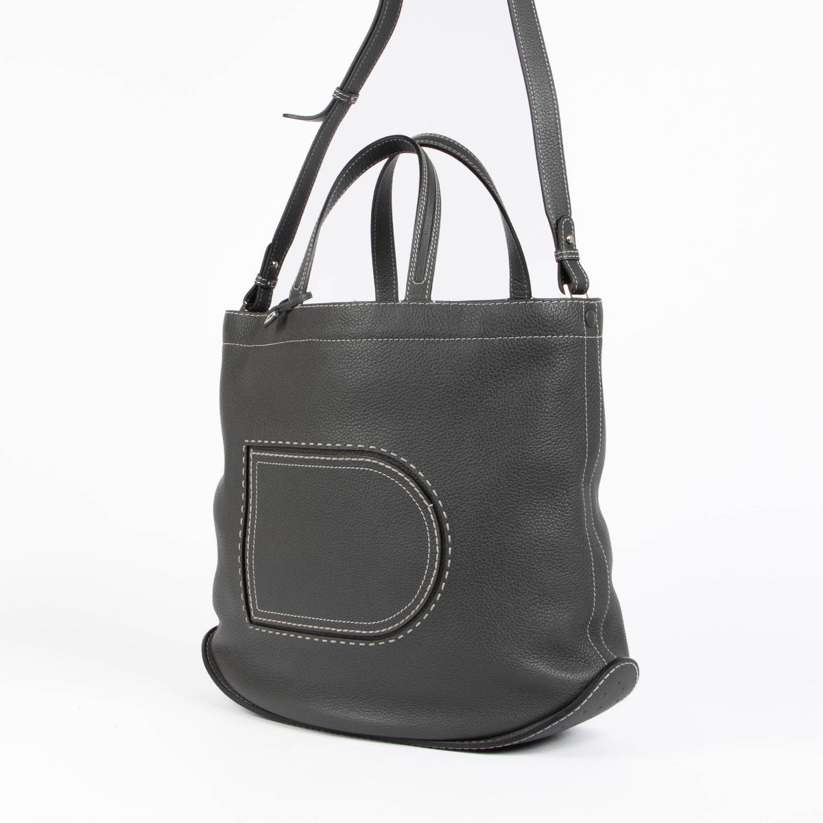 Authentic pre-loved Delvaux Grey Soft Pin Cabas Surpiqué Crossbody Bag on Labellov.com