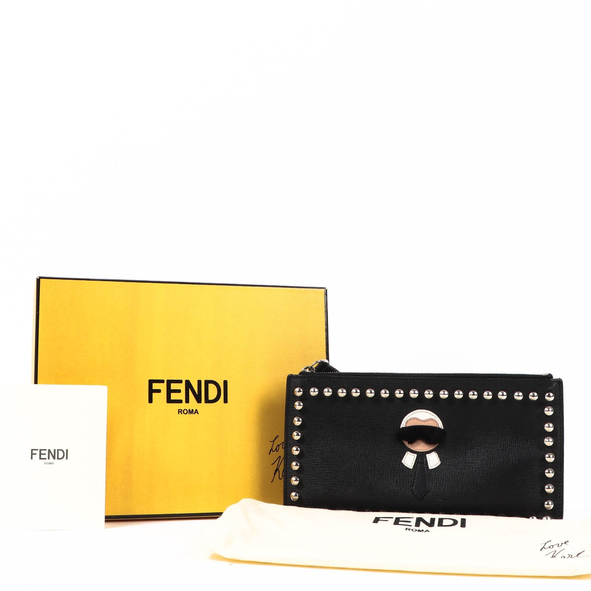Shop safe online at Labellov in Antwerp this 100% authentic second hand Fendi Black Karl Lagerfeld Studded Clutch