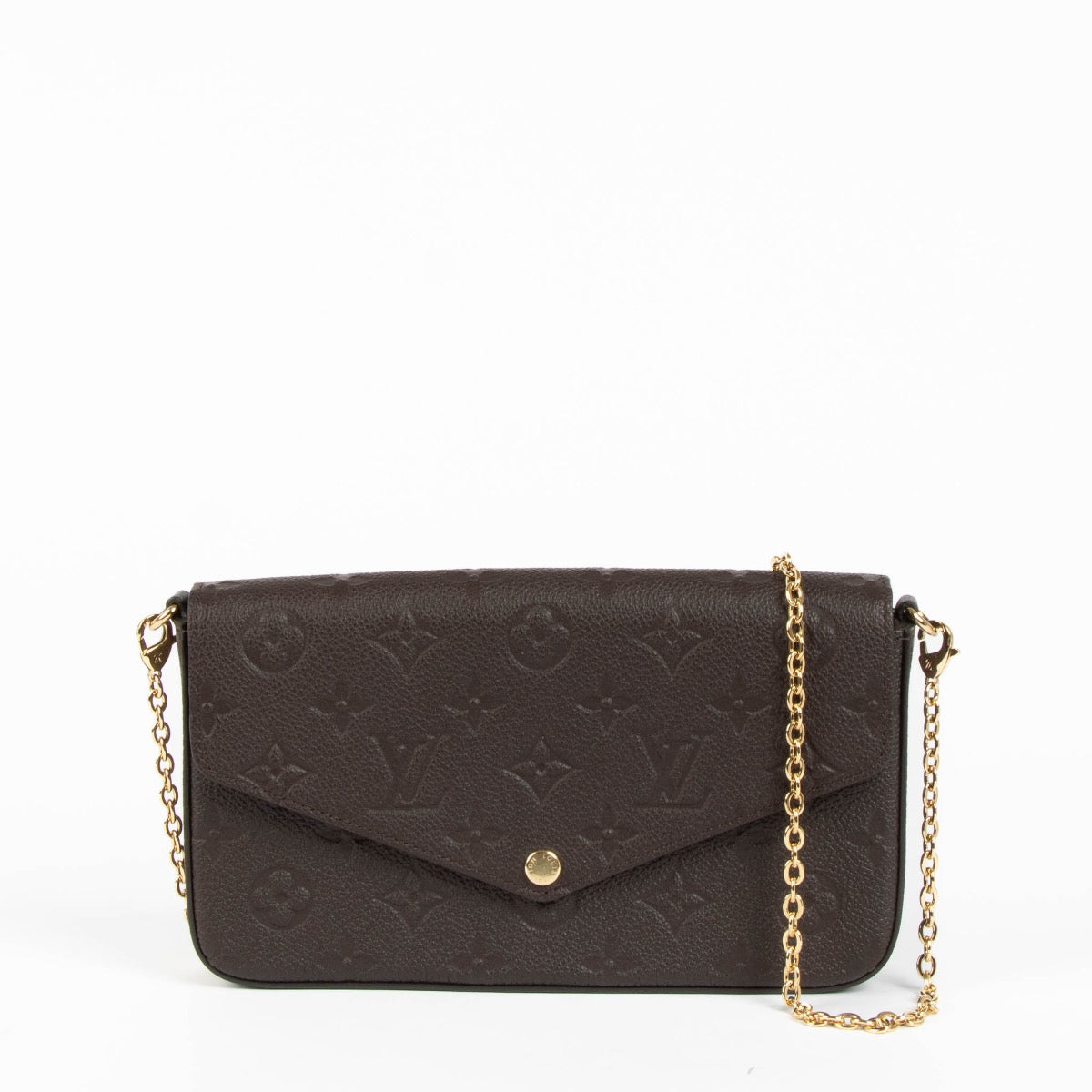 Shop safe online at Labellov in Antwerp, Brussels and Knokke this 100% authentic second hand Louis Vuitton Chocolat Empreinte Pochette Félicie