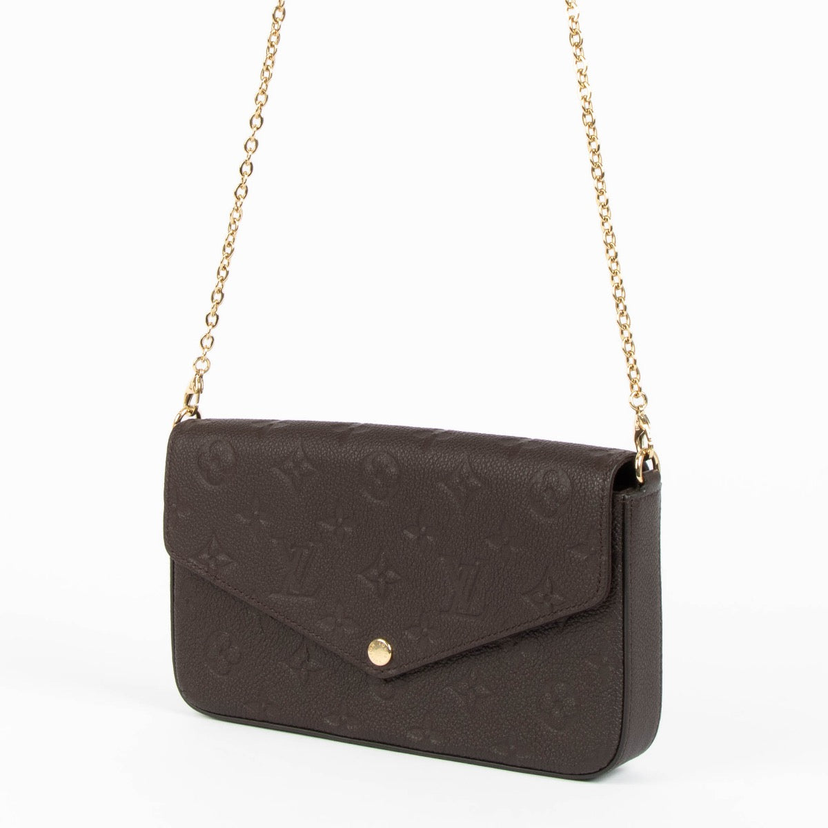 Shop safe online at Labellov in Antwerp, Brussels and Knokke this 100% authentic second hand Louis Vuitton Chocolat Empreinte Pochette Félicie