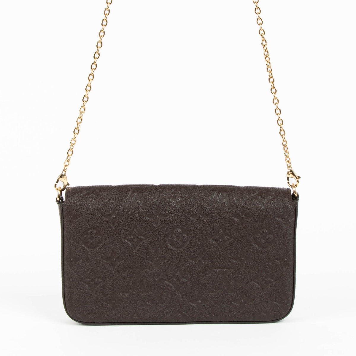 Shop safe online at Labellov in Antwerp, Brussels and Knokke this 100% authentic second hand Louis Vuitton Chocolat Empreinte Pochette Félicie