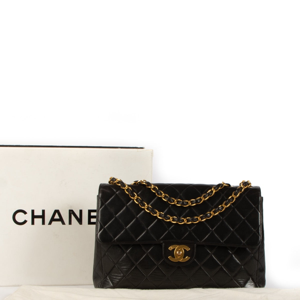 Shop safe online at Labellov in Antwerp, Brussel and Knokke this 100% authentic second hand Chanel Black Lambskin Large Classic Flap Bag