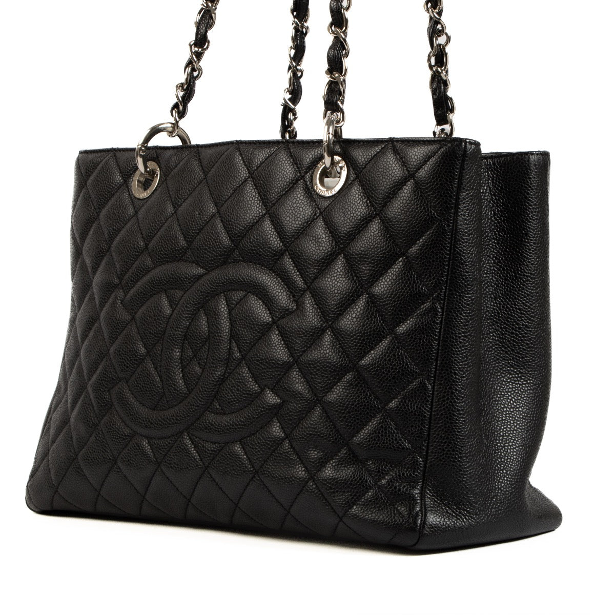 shop safe online at Labellov in Antwerp, Brussels and Knokke this 100% authentic second hand Chanel Black Caviar Leather Grand Shopping Tote