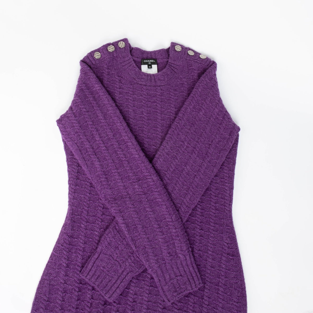Authentic pre-loved Chanel 23B Purple Cashmere Knit Dress - Size 36 on Labellov.com