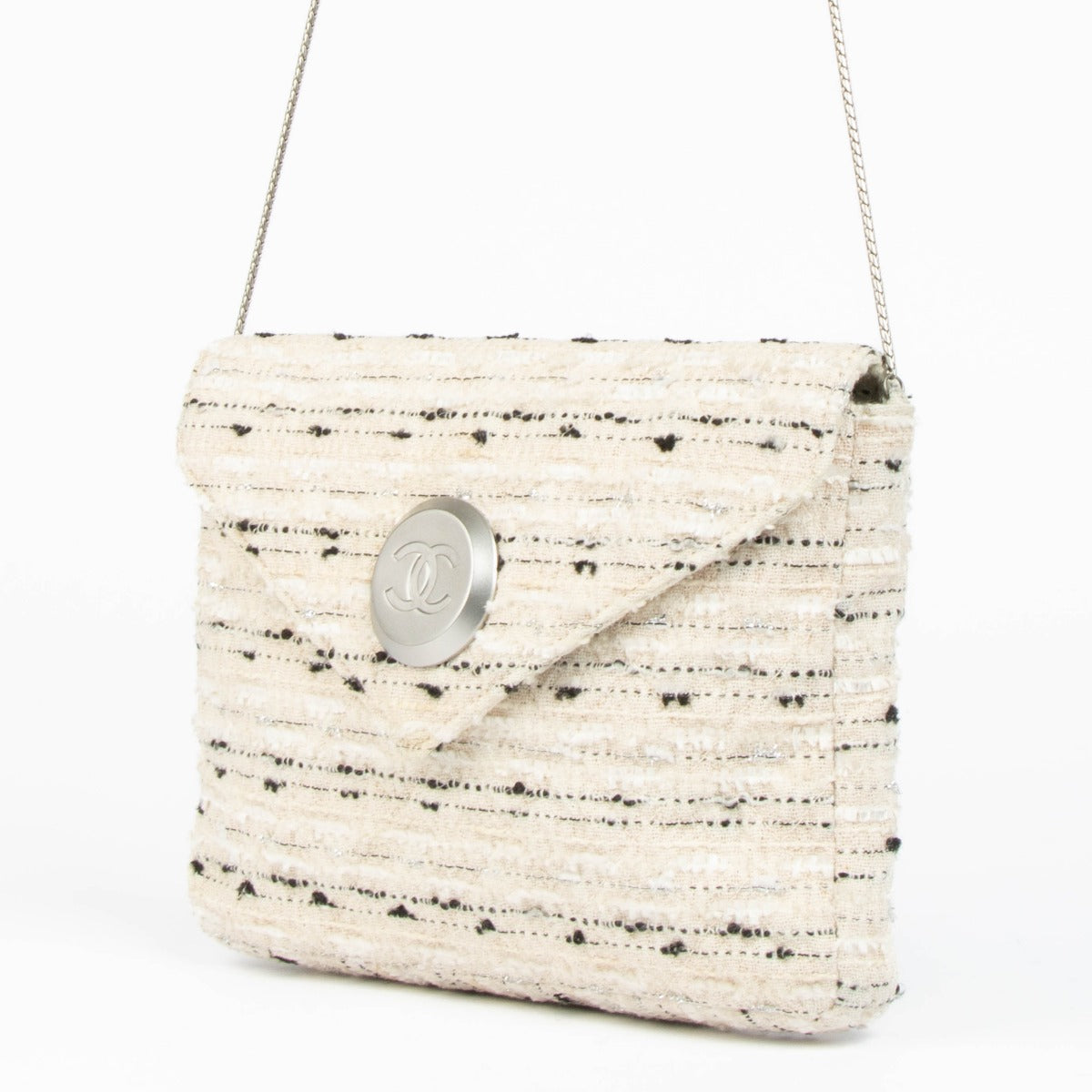 Authentic pre-loved Chanel White Tweed Envelope Crossbody Bag on Labellov.com