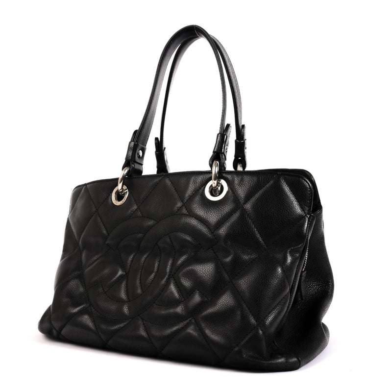 Chanel Timeless CC Black Quilted Caviar Leather Shopping Tote Bag