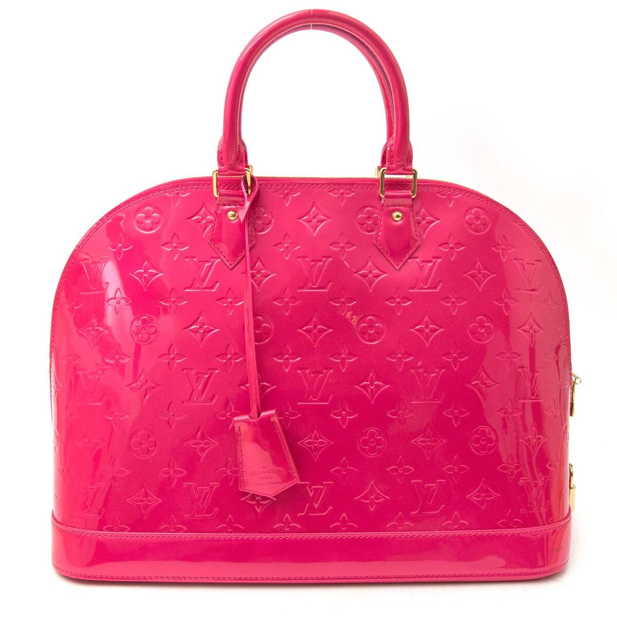 Buy an authentic secondhand Louis Vuitton Alma bag in a trendy fuchsia colour (Rose Indien) in vernis at the right price at LabelLOV vintage webshop. Safe and secure online shopping. fashion, antwerp, online shopping