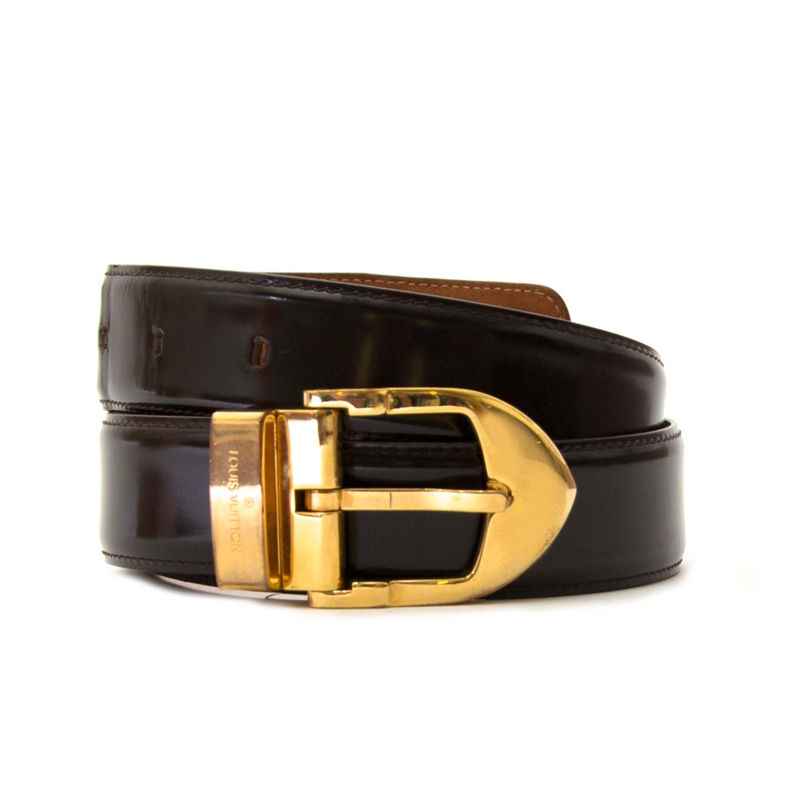 louis vuitton brown patent gold buckle belt now for sale at labellov vintage fashion webshop belgium