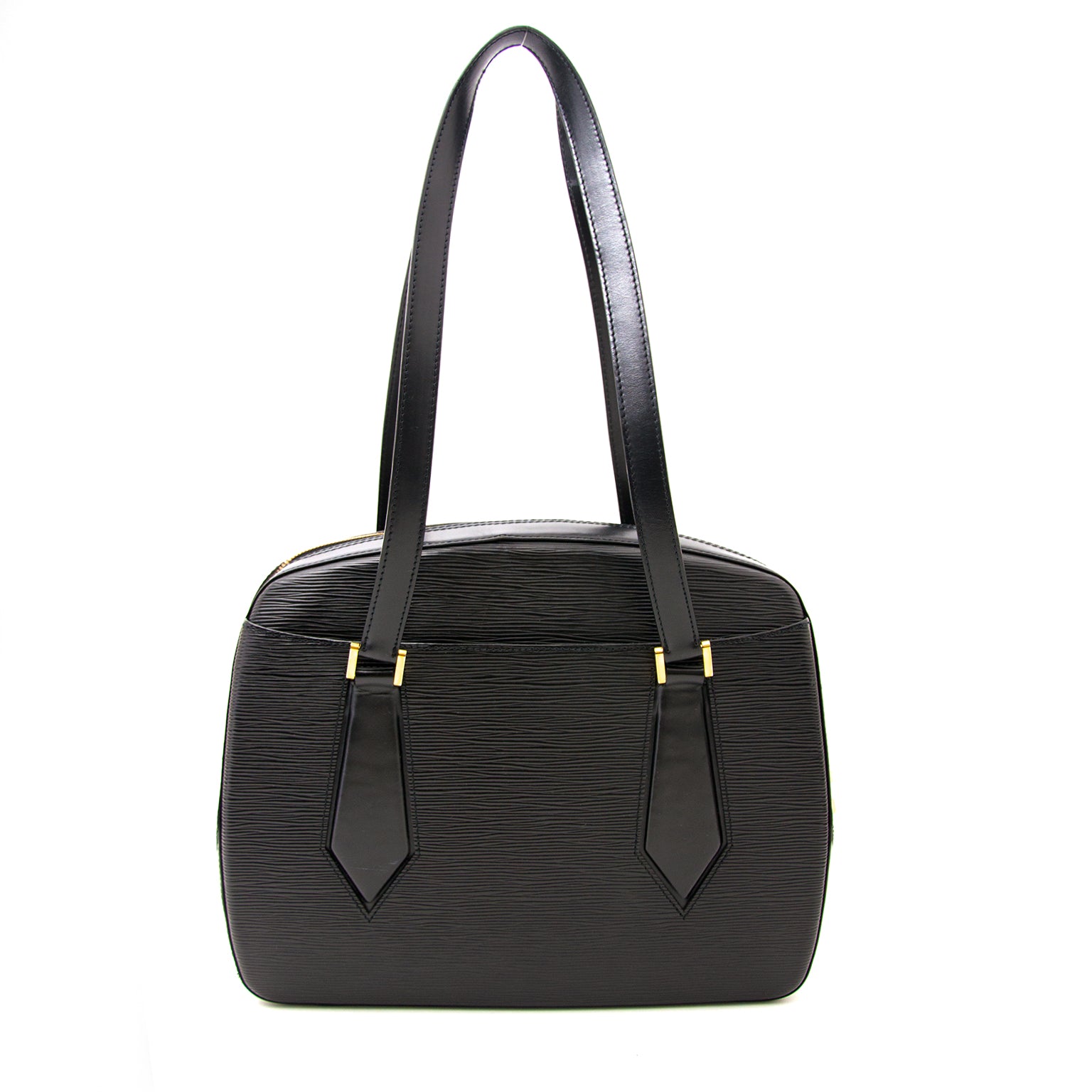 shop safe online secondhand Elegant shoulder bag for everyday use. On the outside is an open slip in pocket and top is secured with double brass zipper. Inside is brown alkantra lining and with one open pocket.