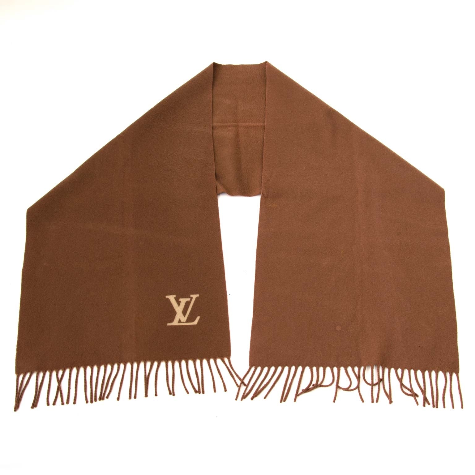 Louis Vuitton Camel Brown Cashmere Scarf te koop bij Labellov online secondhand luxury