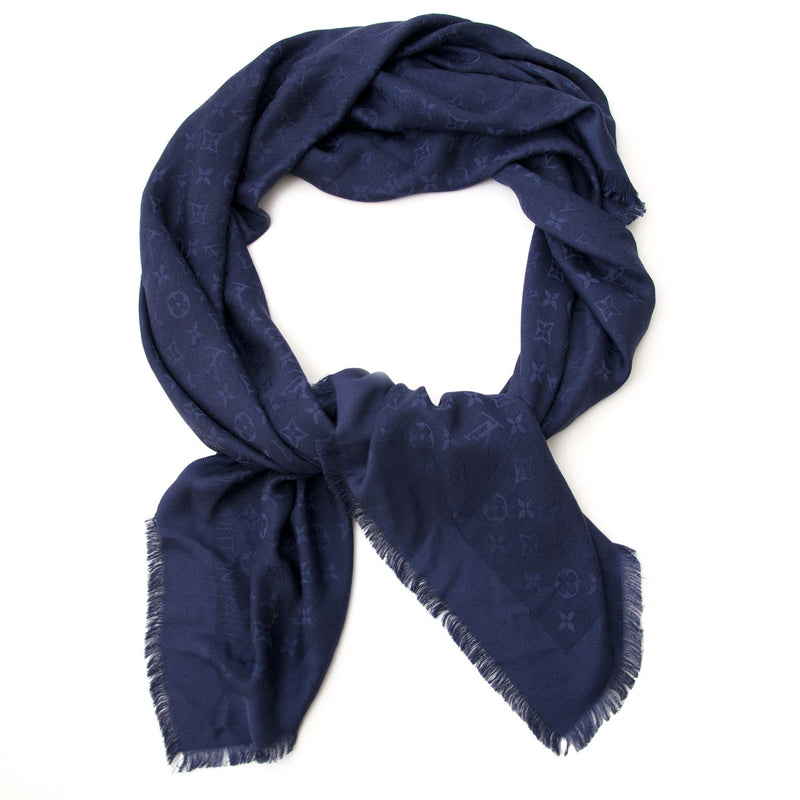 Louis Vuitton Monogram Blue Wool Silk Shawl Scarf