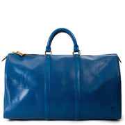 Louis Vuitton Petrol Blue Epi Leather Keepall te koop bij Labellov tweedehands luxe in Antwerpen