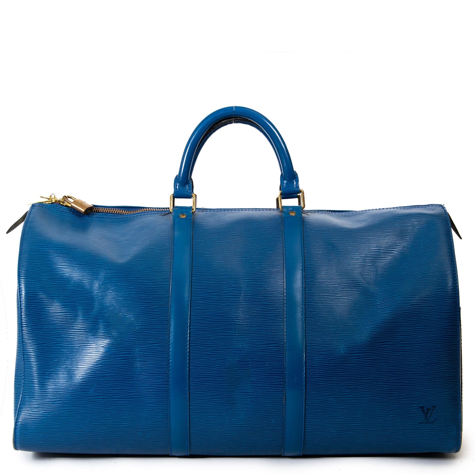 Louis Vuitton Petrol Blue Epi Leather Keepall te koop bij Labellov tweedehands luxe in Antwerpen