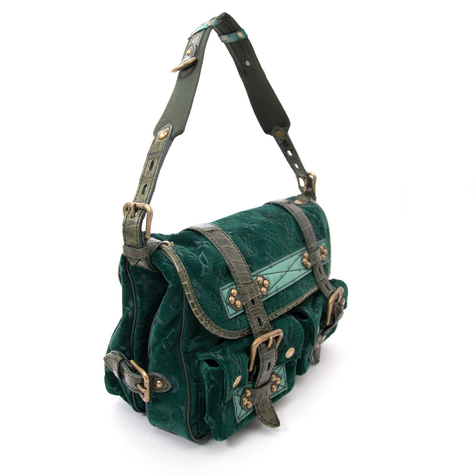 comme neuf pour le meilleur prix Louis Vuitton Limited Edition Green Monogram Velour Clyde Mon Bag