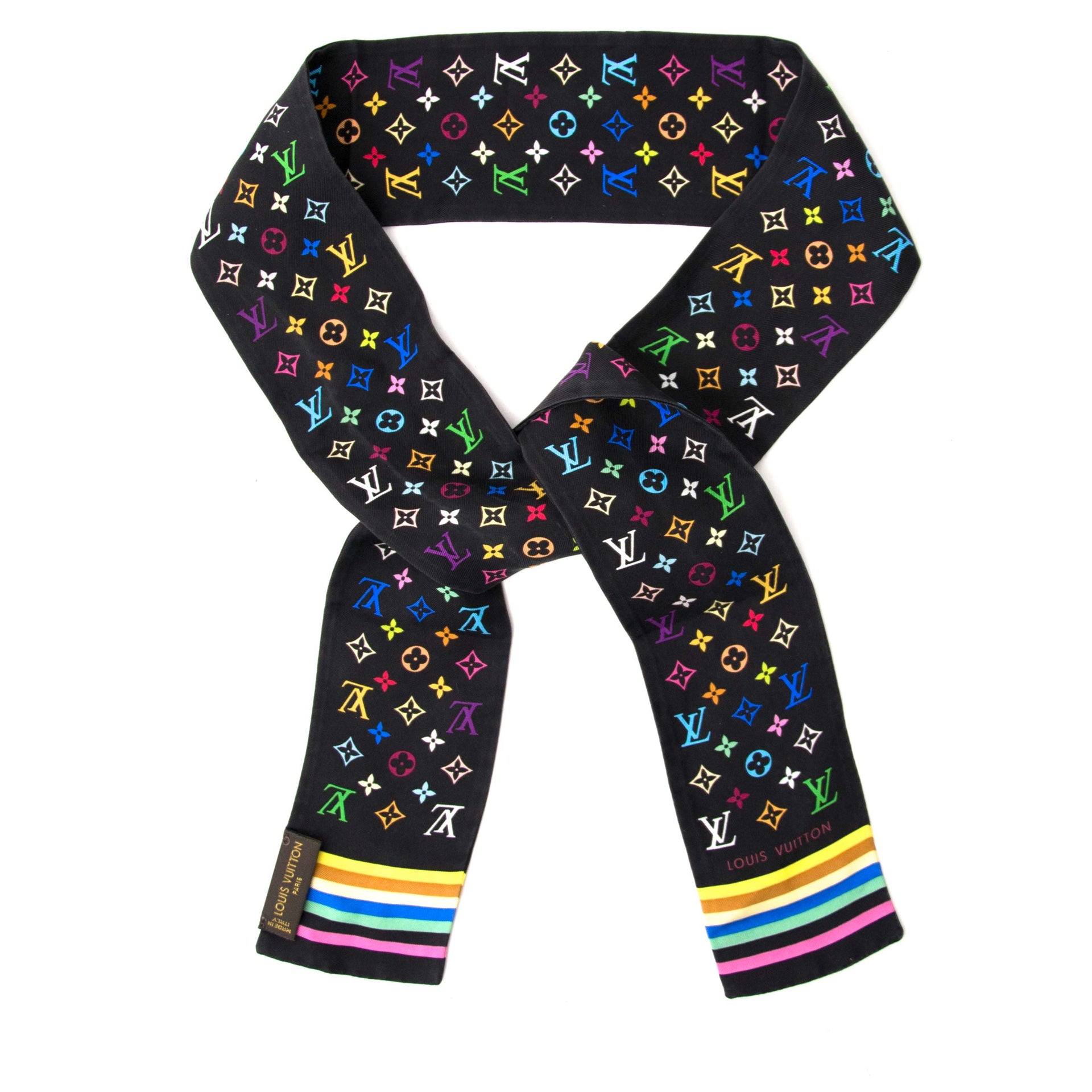 Louis Vuitton Black Monogram Multicolor Silk Scarf for sale online at Labellov