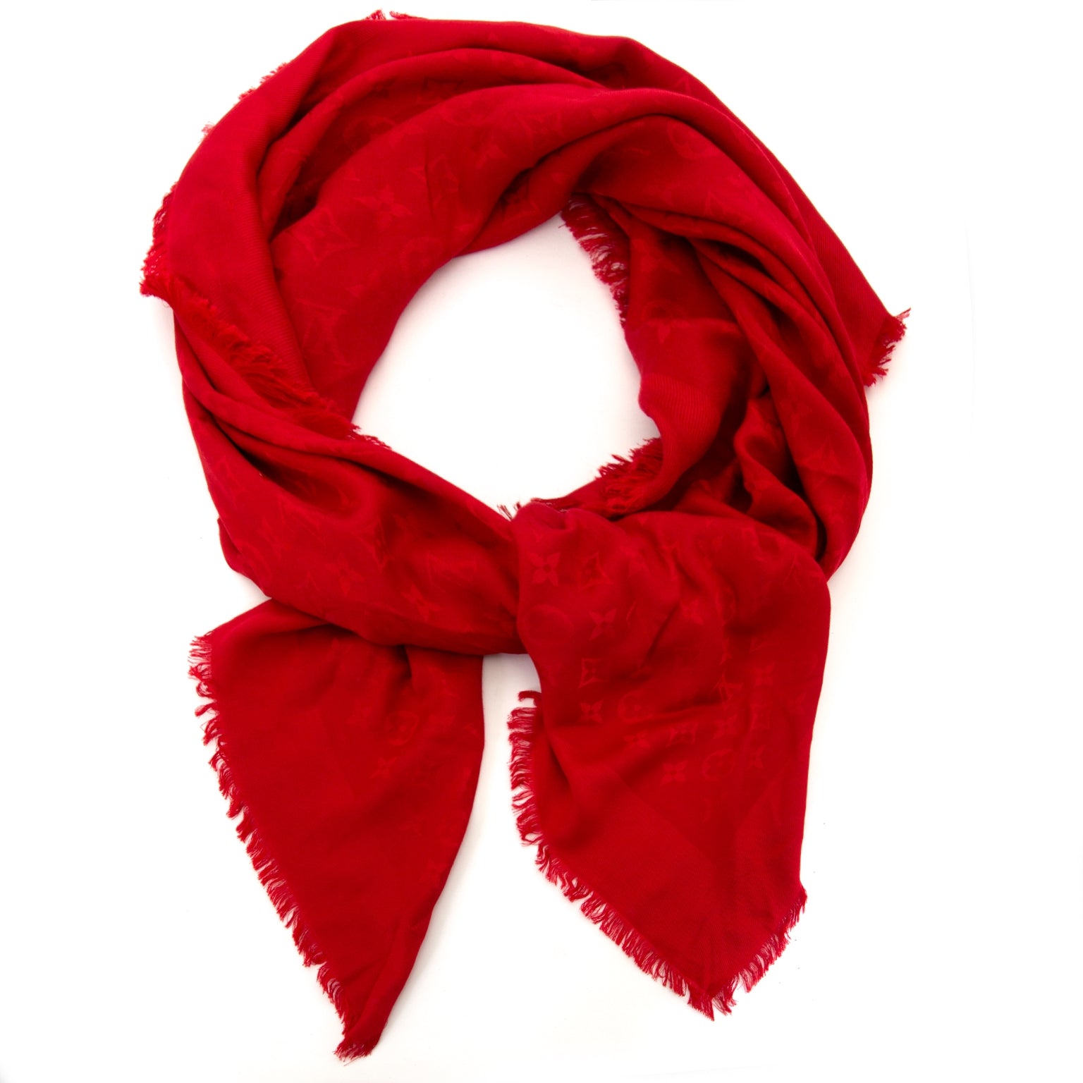 louis vuitton red monogram silk & wool scarf now for sale at labellov vintage fashion webshop belgium