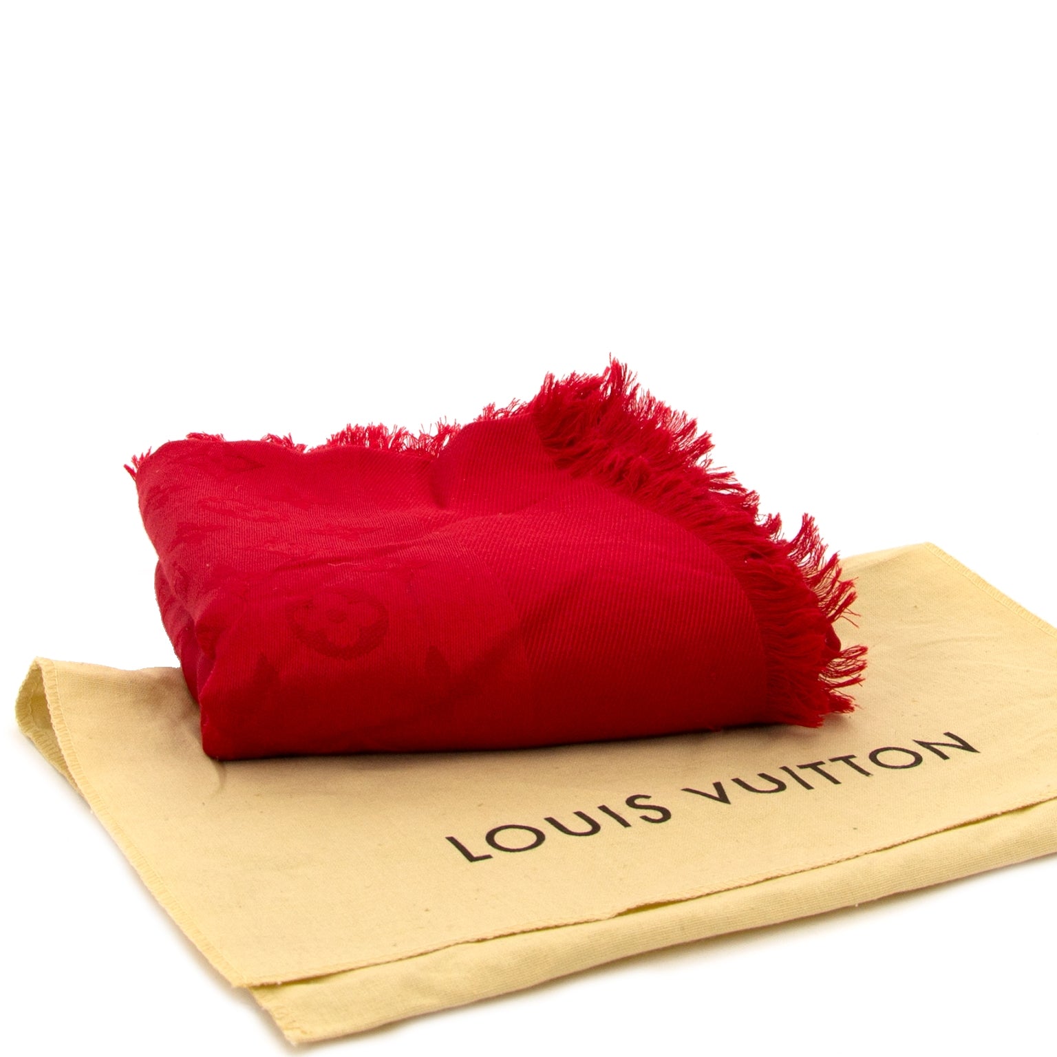 louis vuitton red monogram silk & wool scarf now for sale at labellov vintage fashion webshop belgium