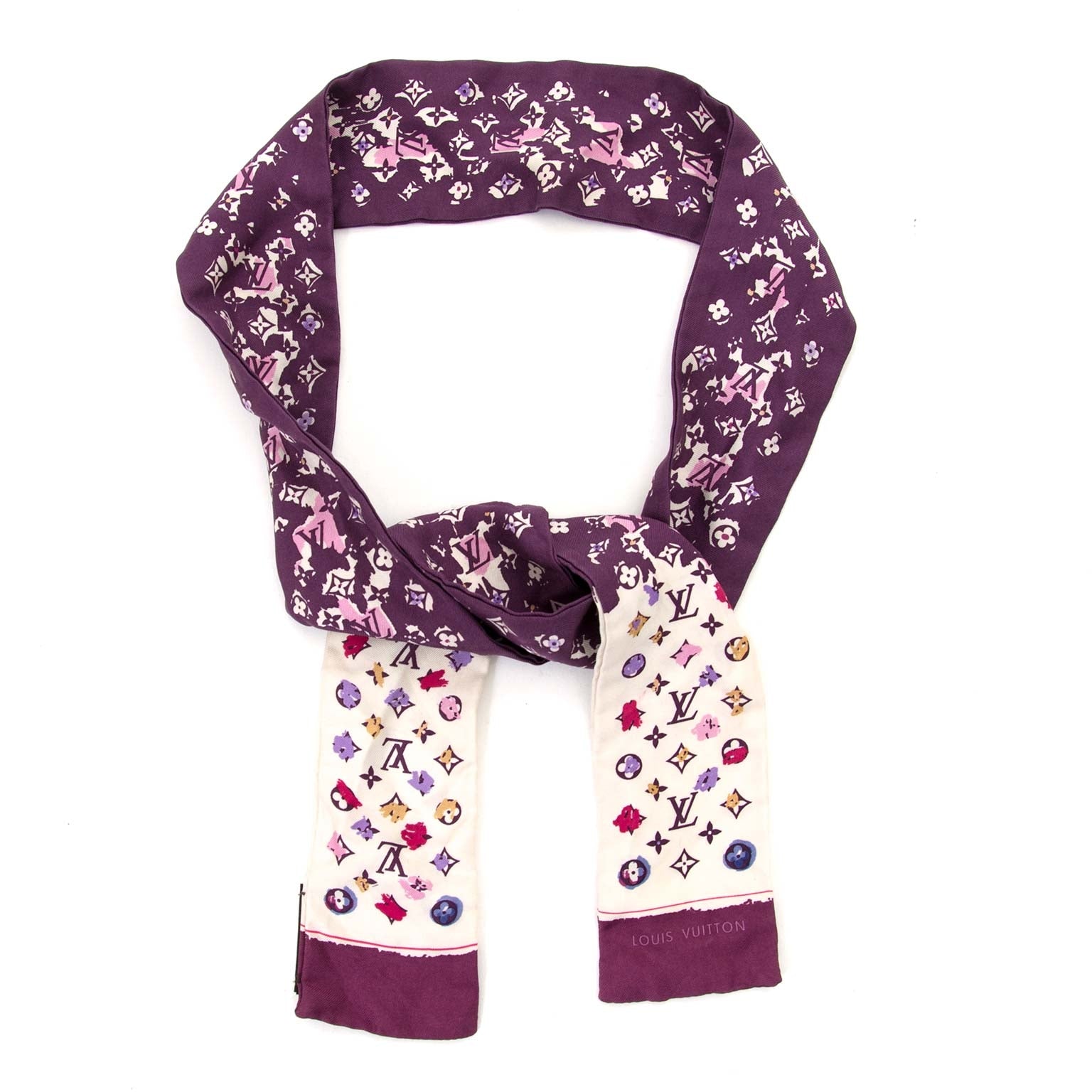 louis vuitton silk purple signature twilly now for sale at labellov vintage fashion webshop belgium