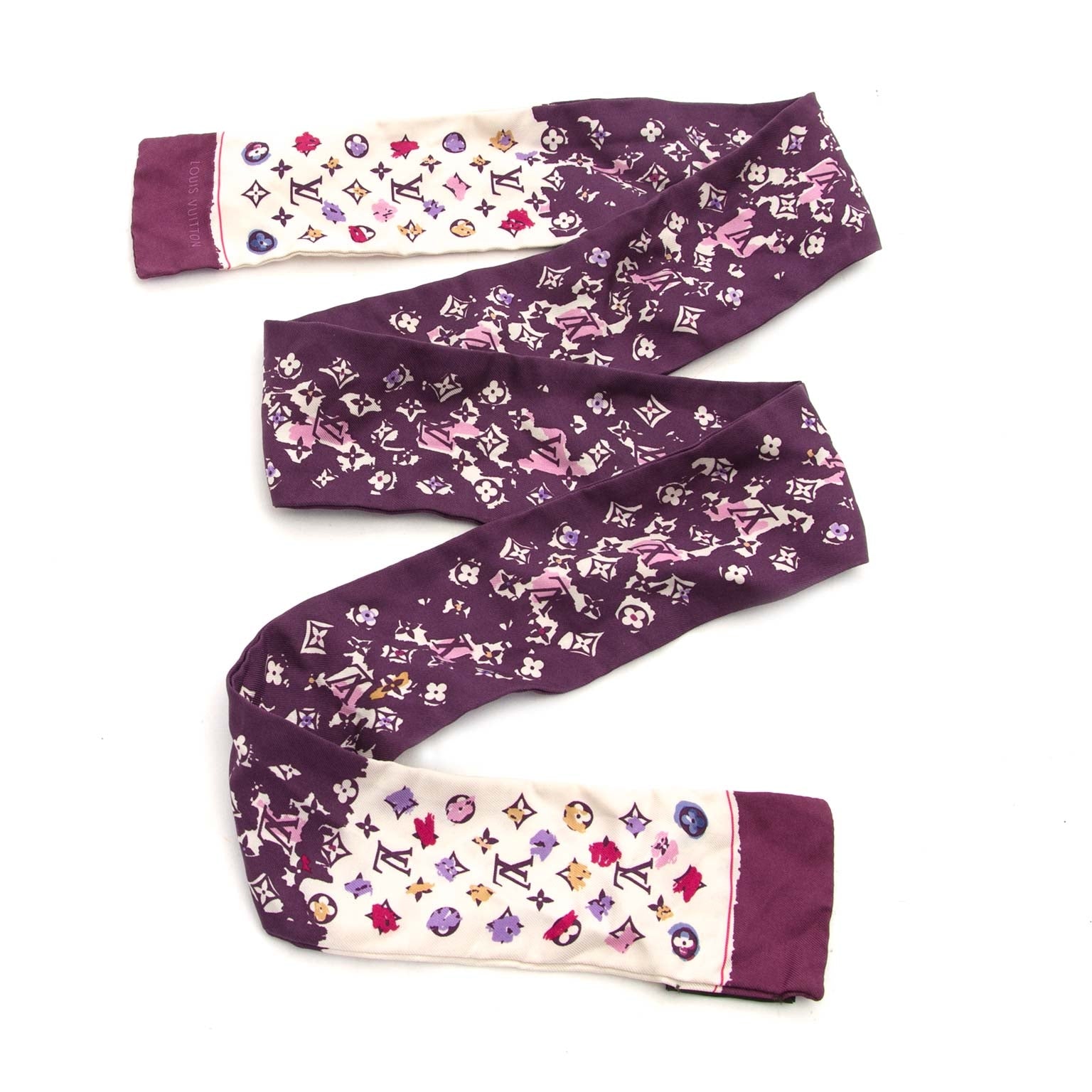 louis vuitton silk purple signature twilly now for sale at labellov vintage fashion webshop belgium