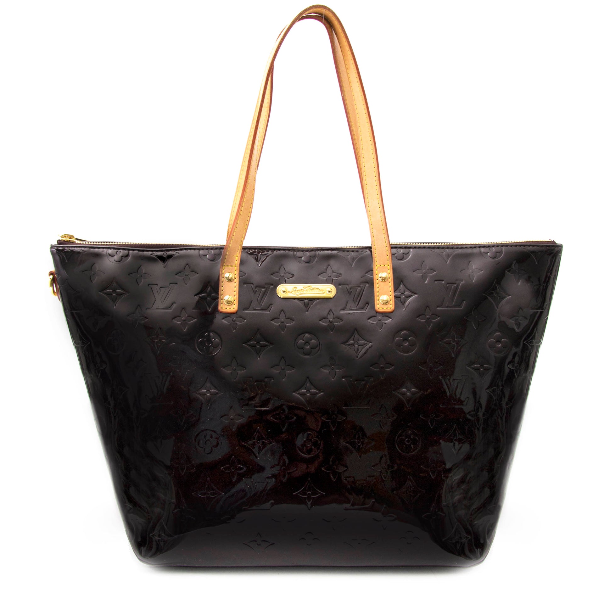 koop veilig online jou tweedehands Louis Vuitton Amarante Monogram Vernis Bellevue GM Bag
