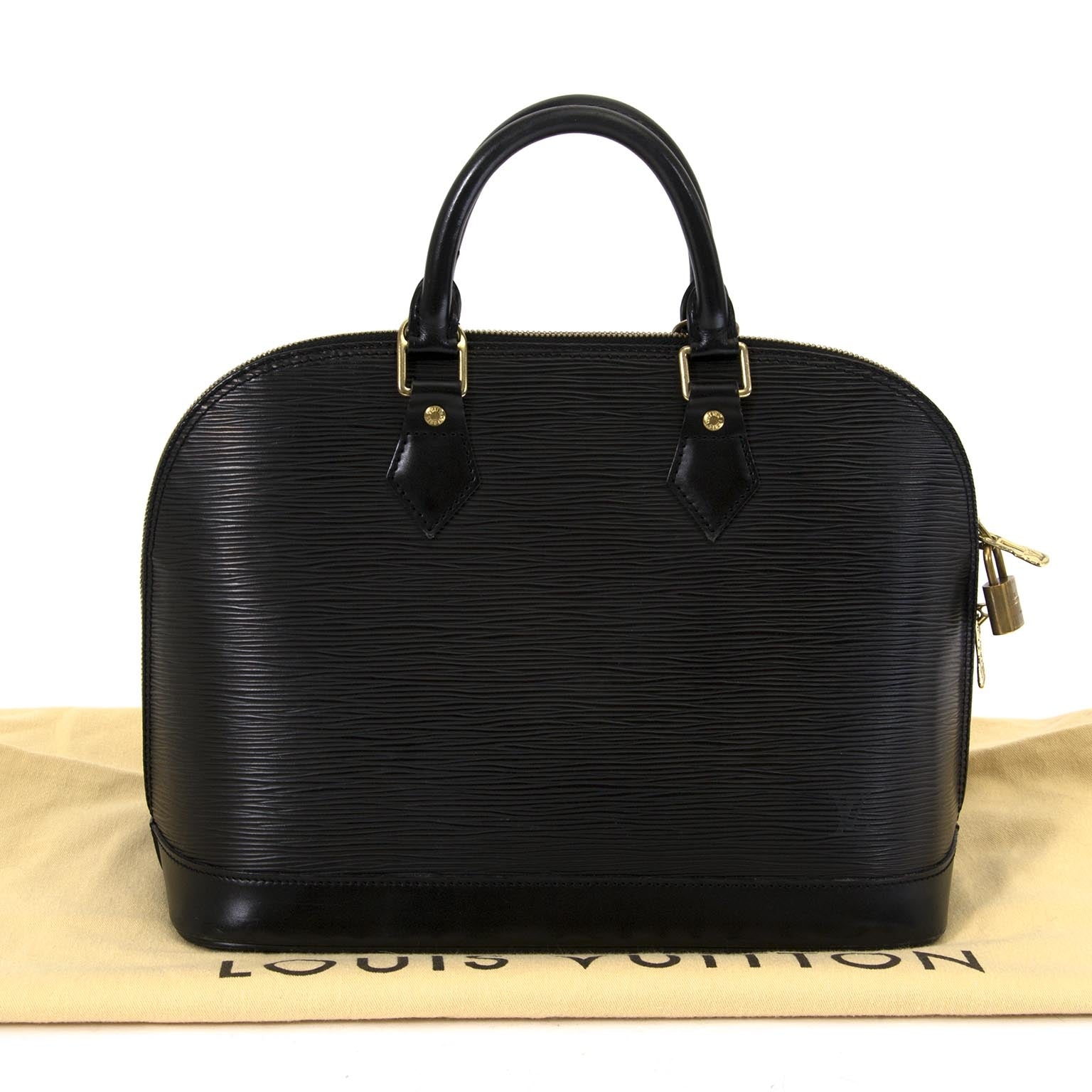 Louis Vuitton black epi leather pm alma bag now for sale at labellov vintage fashion webshop belgium