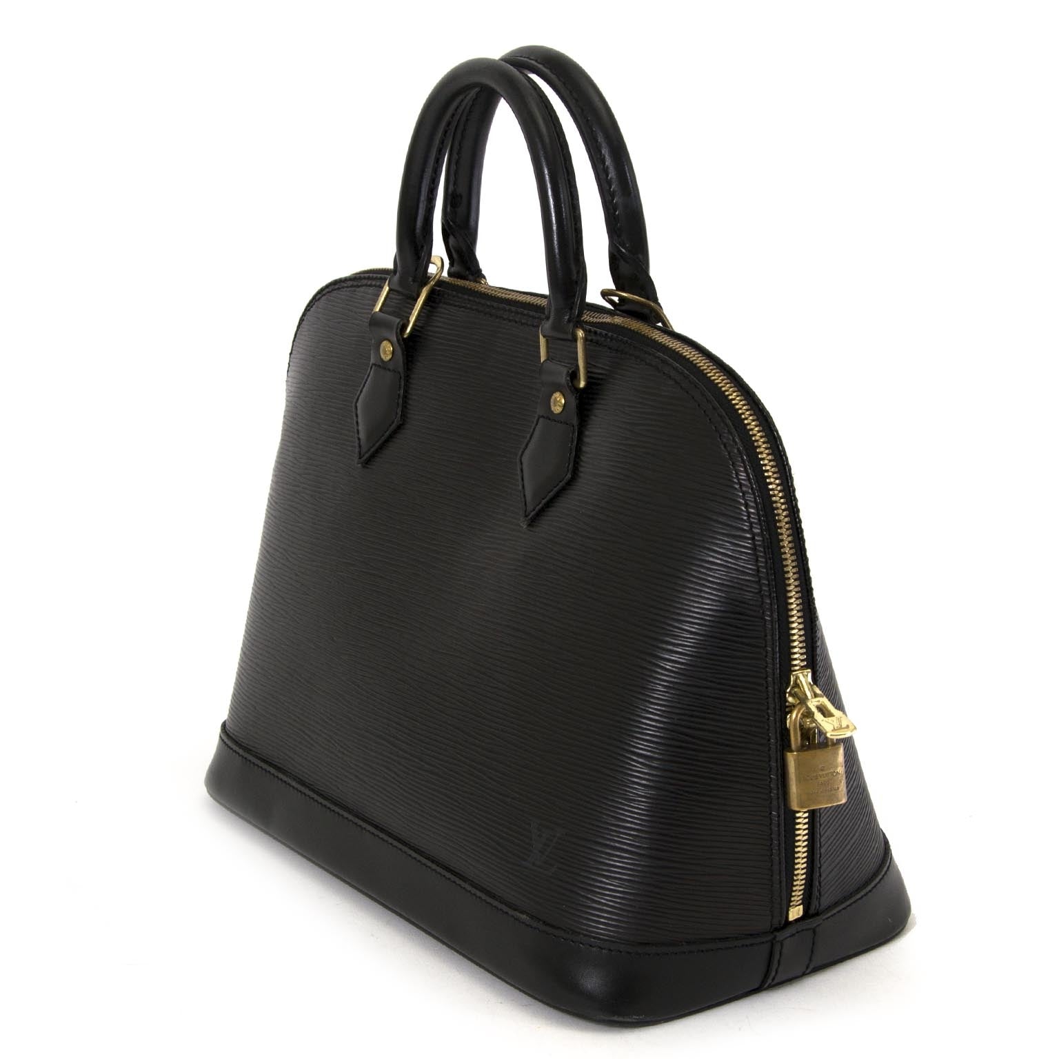 Louis Vuitton black epi leather pm alma bag now for sale at labellov vintage fashion webshop belgium