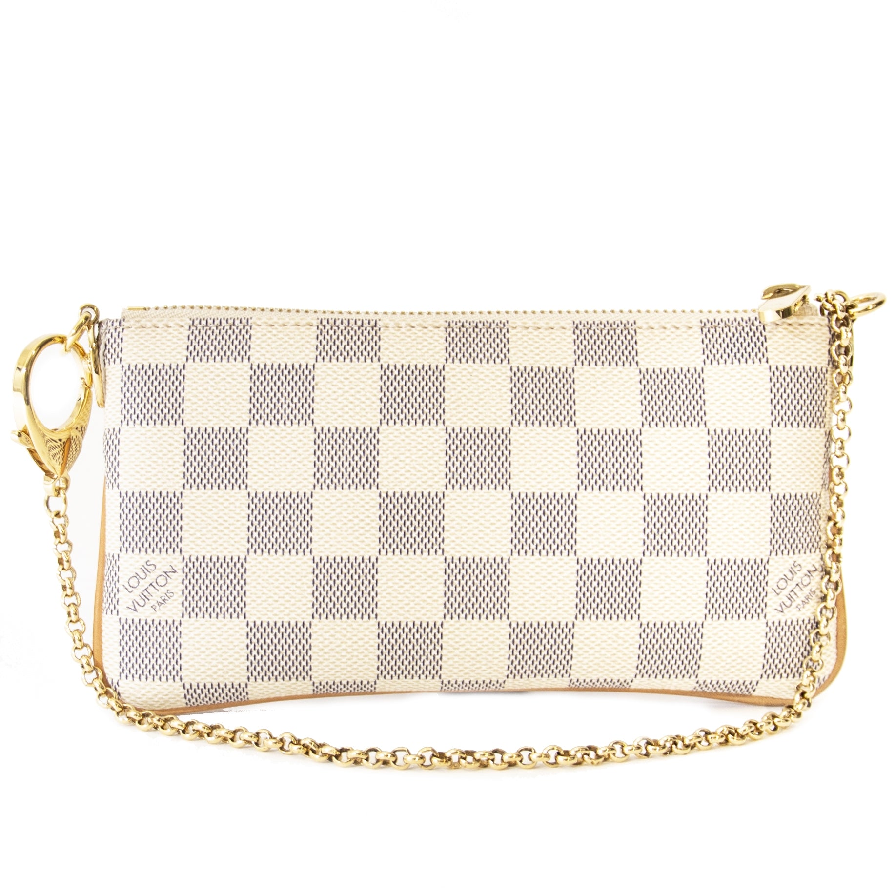 Authentieke tweedehands vintage Louis Vuitton Damier Azur Pochette Milla MMkoop online webshop LabelLOV