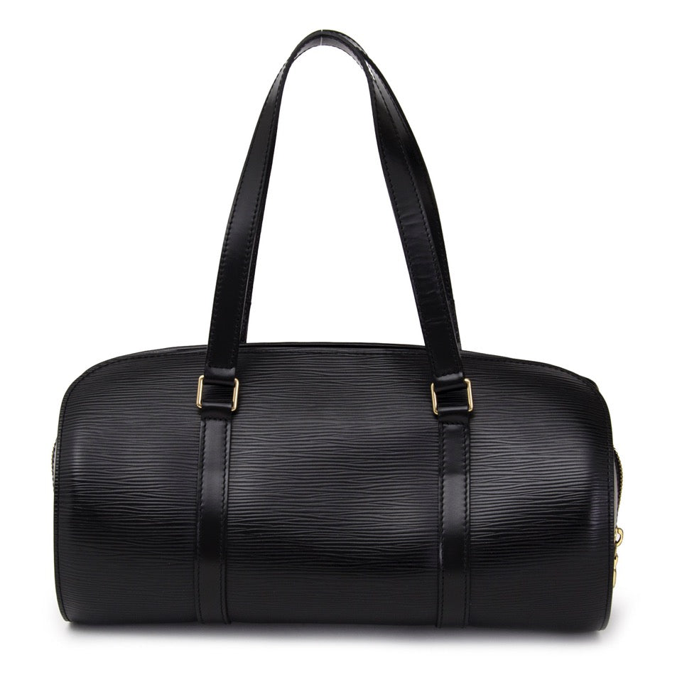 Authentieke Louis Vuitton zwarte Epi Soufflot top handle voor de juiste prijs bij LabelLOV vintage webshop. Louis Vuitton Black Epi Soufflot top handle and shoulder bag. Veilig online winkelen. Luxe, vintage, mode. Antwerpen, België.