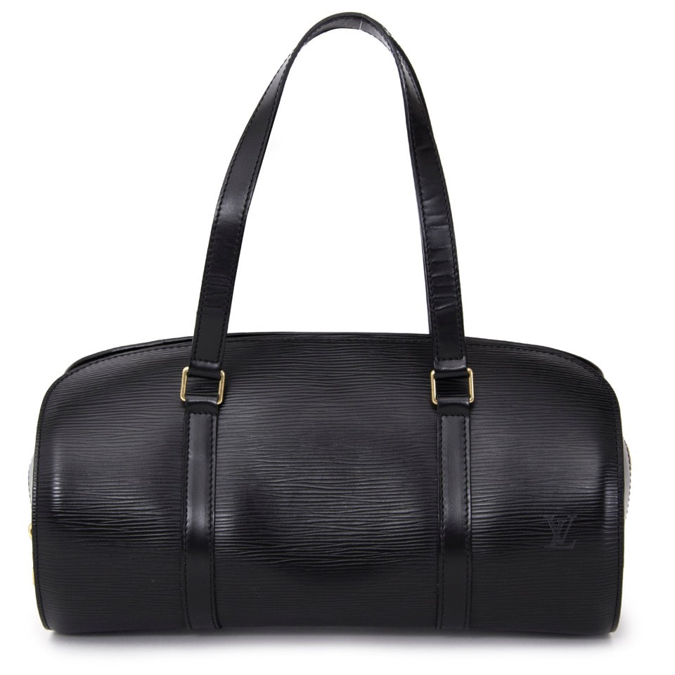 Authentieke Louis Vuitton zwarte Epi Soufflot top handle voor de juiste prijs bij LabelLOV vintage webshop. Louis Vuitton Black Epi Soufflot top handle and shoulder bag. Veilig online winkelen. Luxe, vintage, mode. Antwerpen, België.
