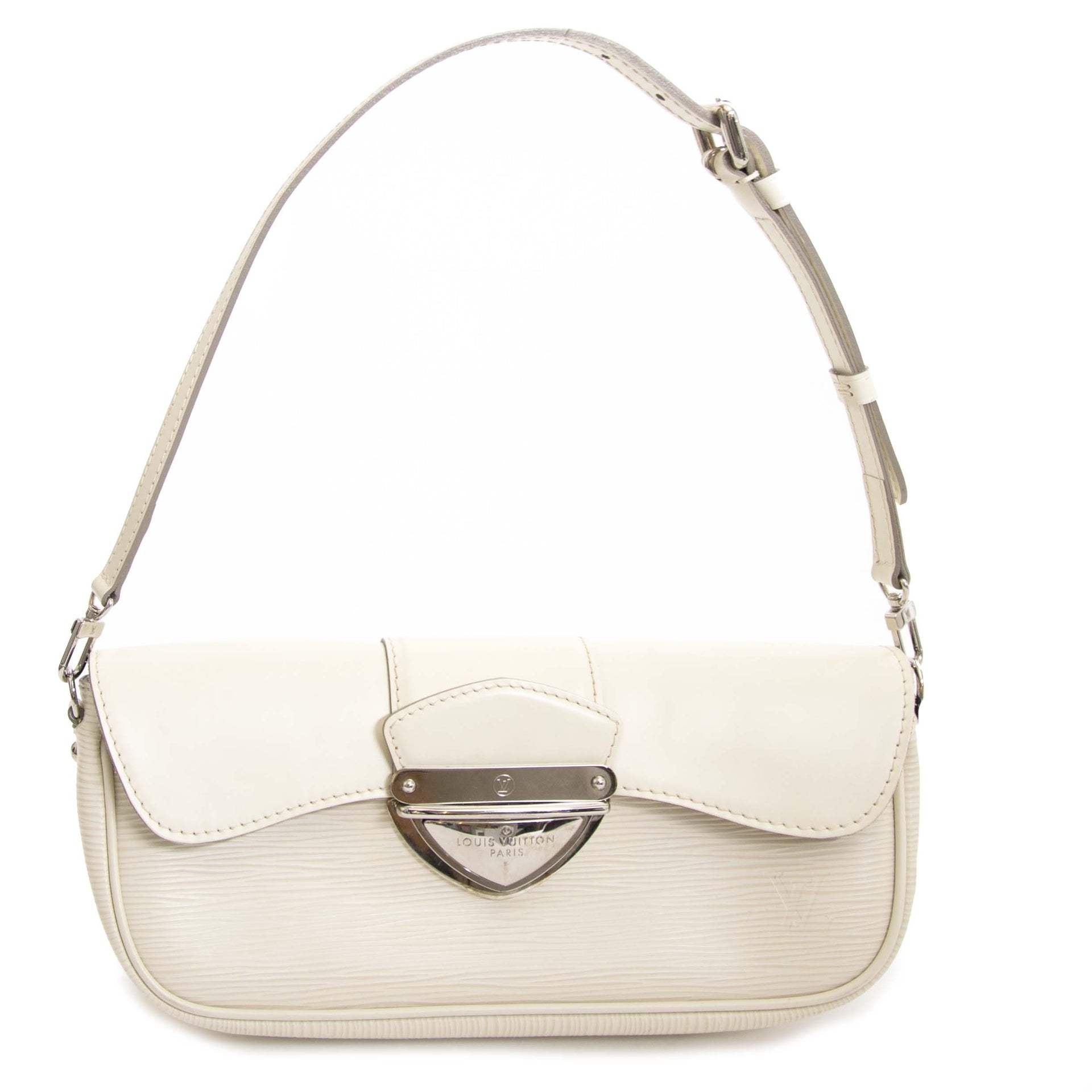 Louis Vuitton White Epi Leather Montaigne Clutch Bag now for sale at labellov vintage fashion webshop belgium