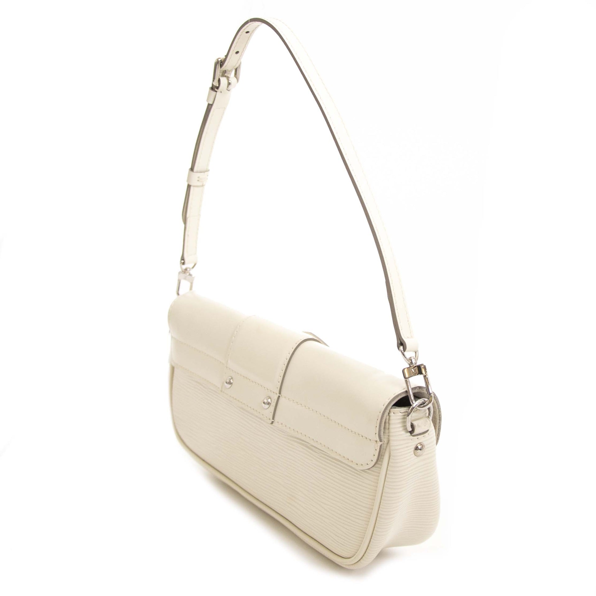 Louis Vuitton White Epi Leather Montaigne Clutch Bag now for sale at labellov vintage fashion webshop belgium