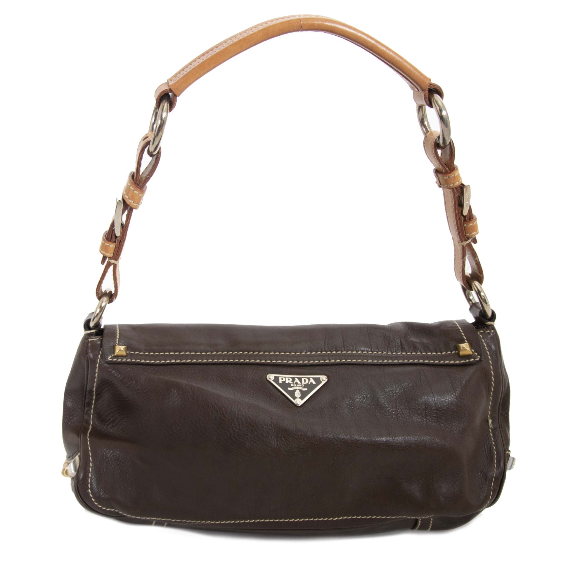 Prada Brown Leather Studded Shoulder Bag now for sale at labellov vintage fashion webshop belgium