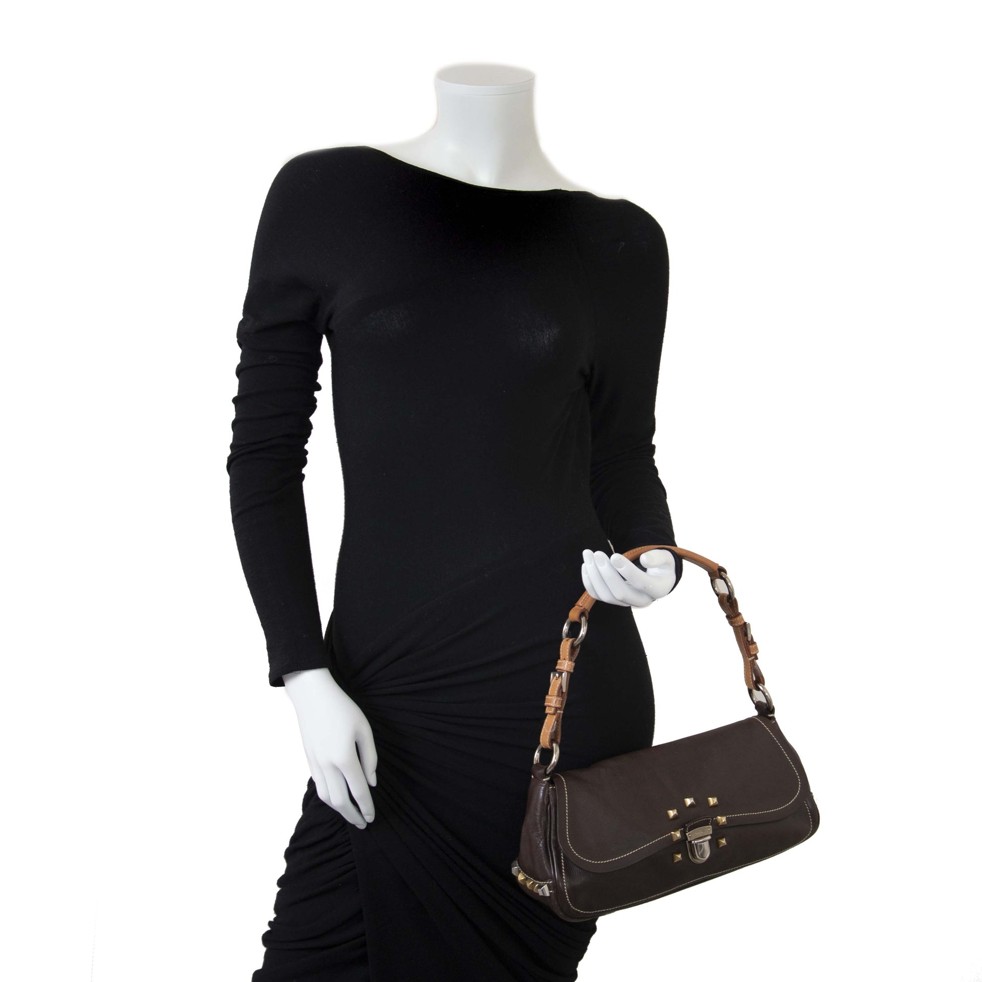 Prada Brown Leather Studded Shoulder Bag now for sale at labellov vintage fashion webshop belgium