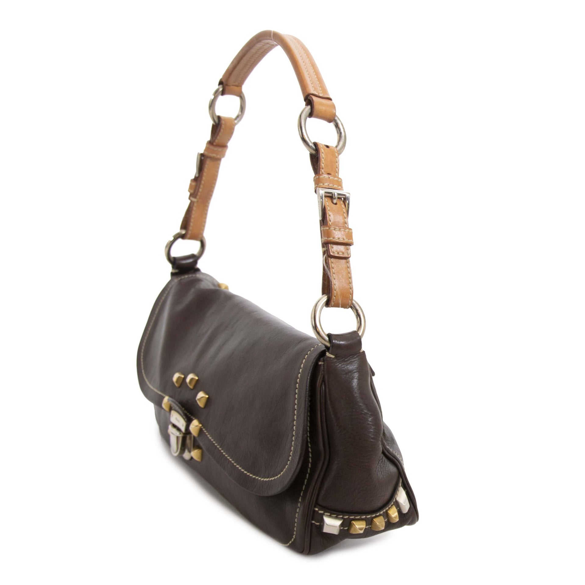 Prada Brown Leather Studded Shoulder Bag now for sale at labellov vintage fashion webshop belgium