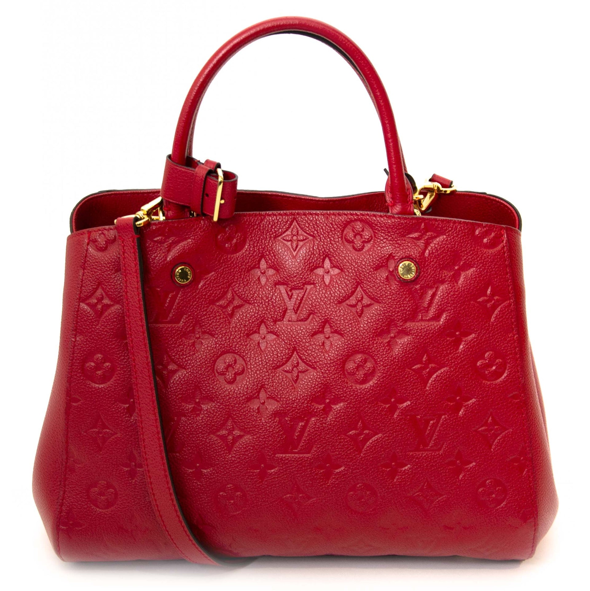 acheter en ligne seconde main Louis Vuitton Red Montaigne MM Monogram Empreinte Top Handle Bag