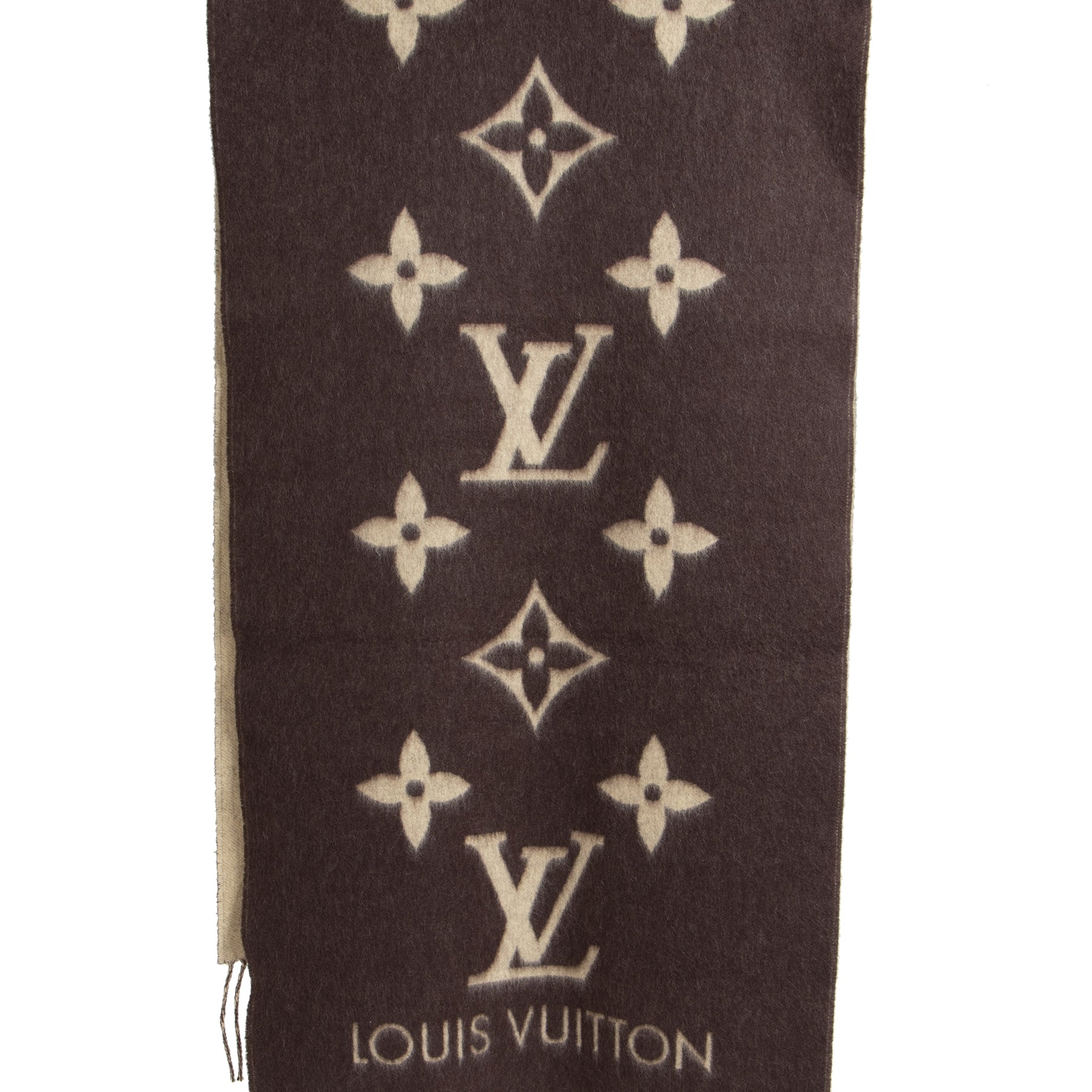 Authentic secondhand Louis Vuitton Reversable 100% Cashmere Monogram Brown Scarf designer bags designer accessories luxury vintage webshop safe secure online shopping worldwide shipping fashion fashionista