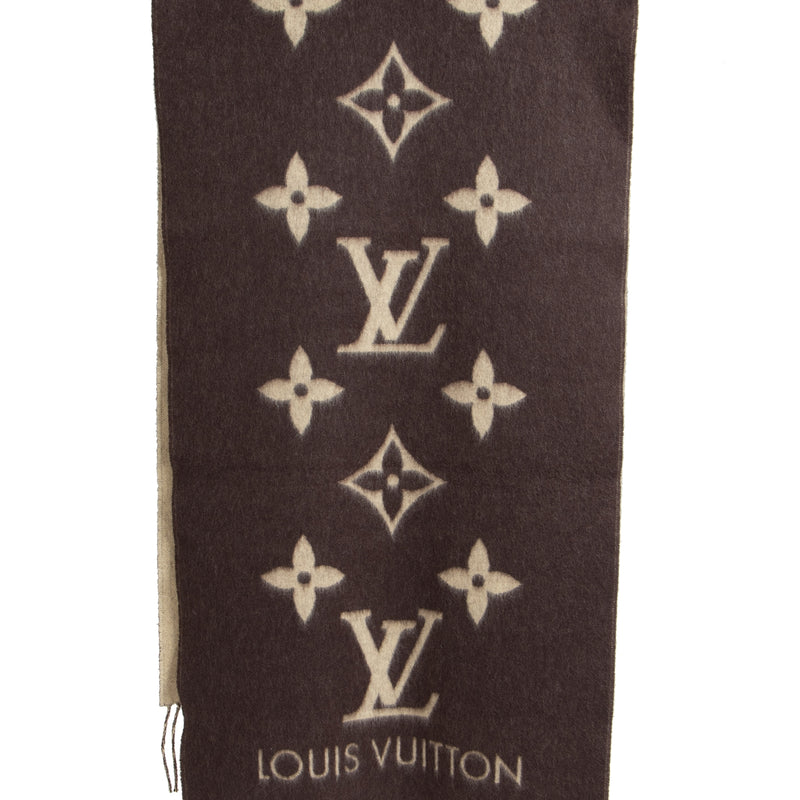 Authentic secondhand Louis Vuitton Reversable 100% Cashmere Monogram Brown Scarf designer bags designer accessories luxury vintage webshop safe secure online shopping worldwide shipping fashion fashionista
