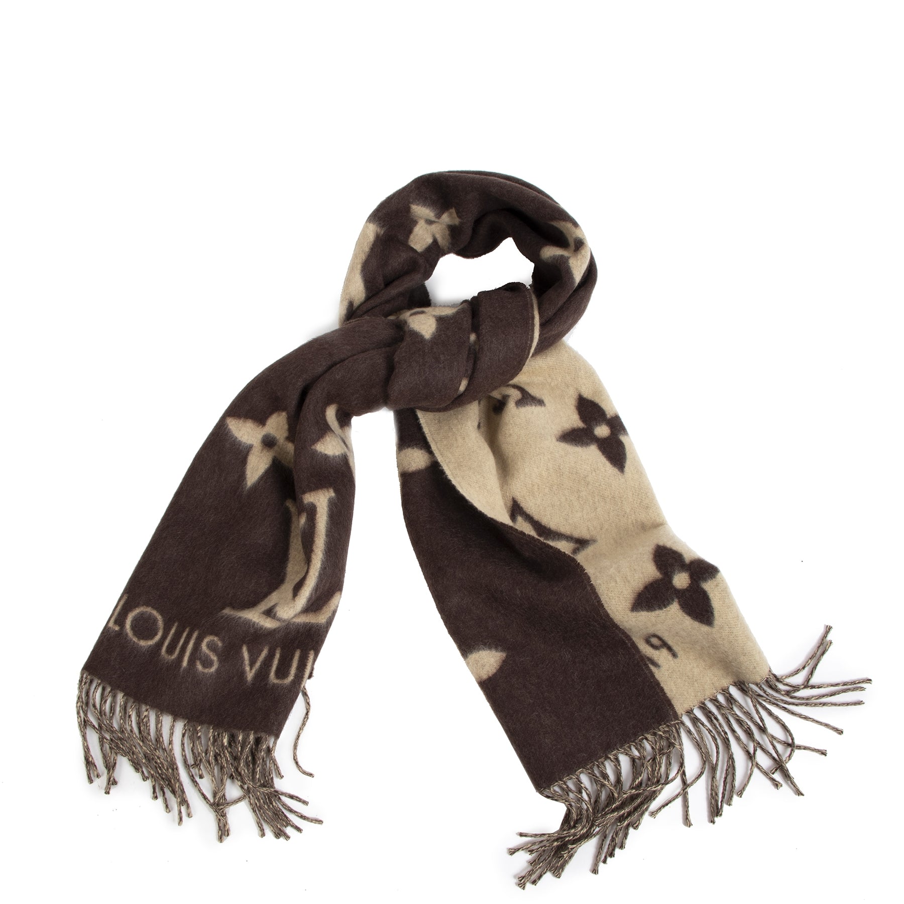 Authentic secondhand Louis Vuitton Reversable 100% Cashmere Monogram Brown Scarf juiste prijs veilig online shoppen winkelen Antwerpen België mode fashion
