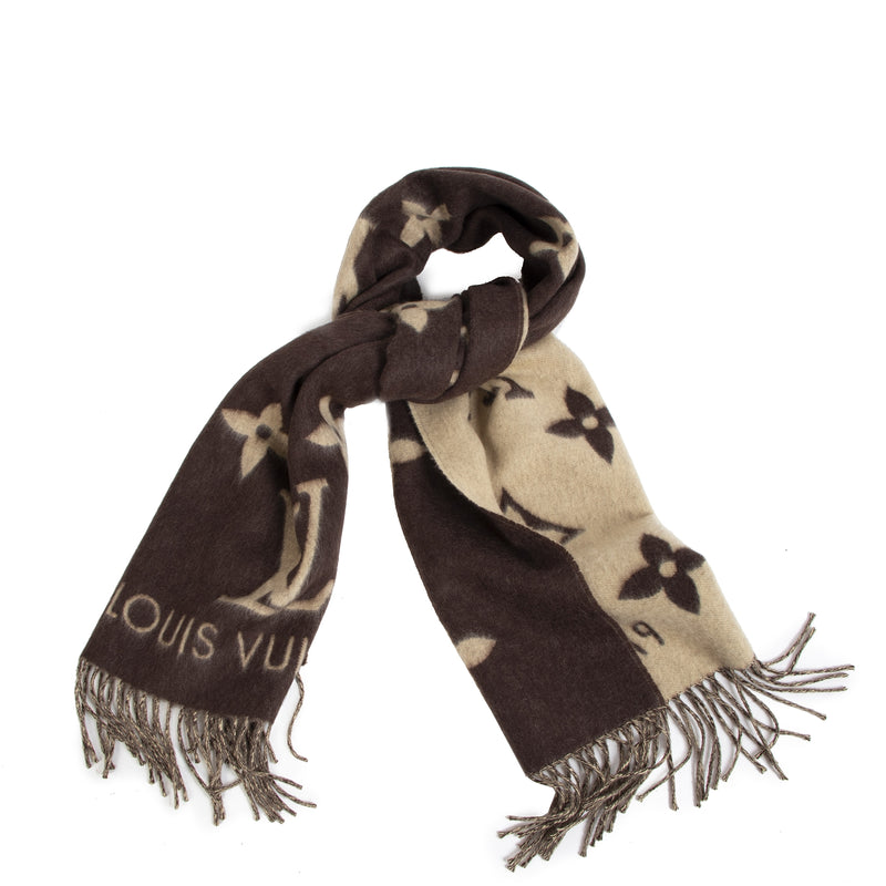 Authentic secondhand Louis Vuitton Reversable 100% Cashmere Monogram Brown Scarf juiste prijs veilig online shoppen winkelen Antwerpen België mode fashion