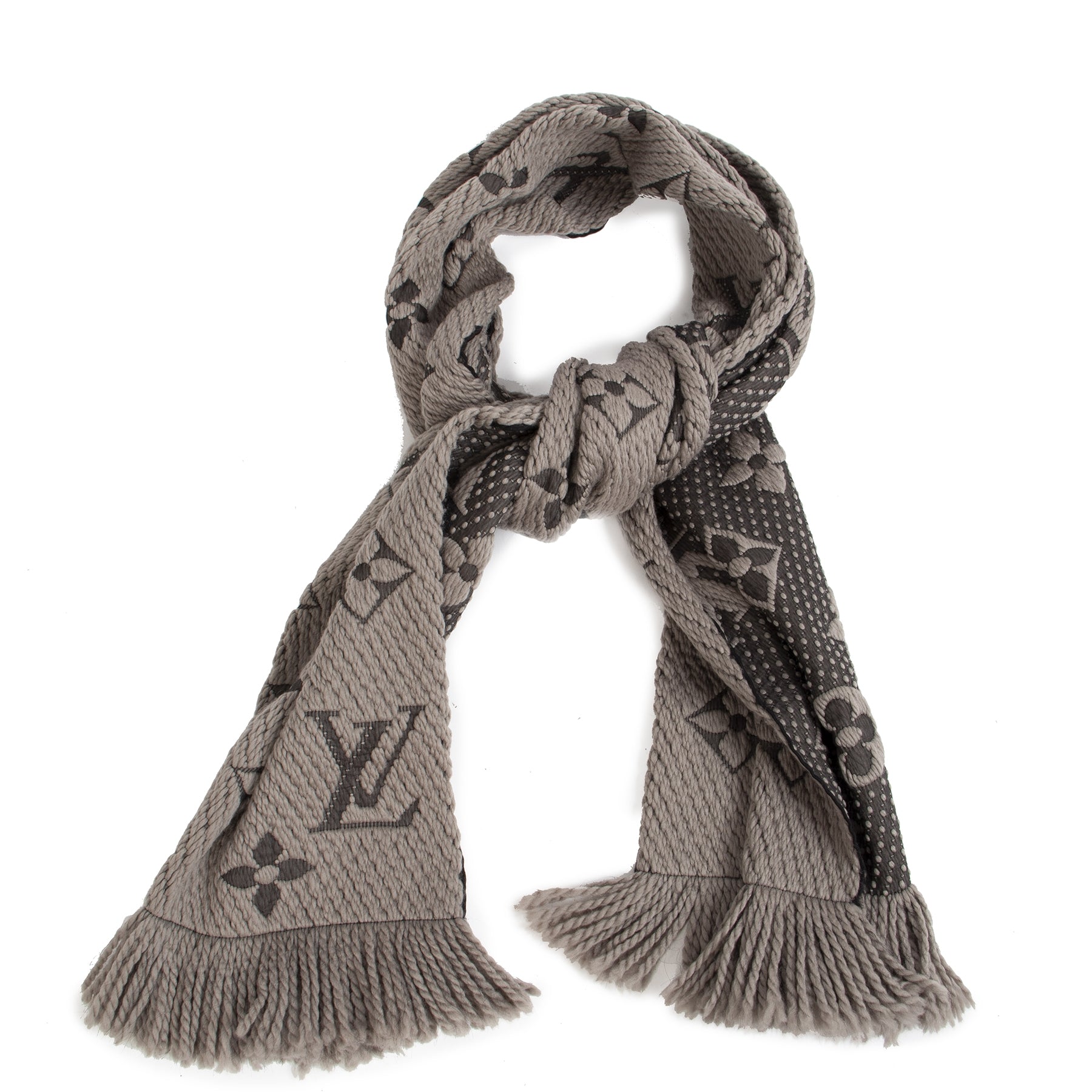 Authentieke Tweedehands Louis Vuitton Logomania Pearl Grey Wool Blend Scarf juiste prijs veilig online shoppen luxe merken webshop winkelen Antwerpen België mode fashion