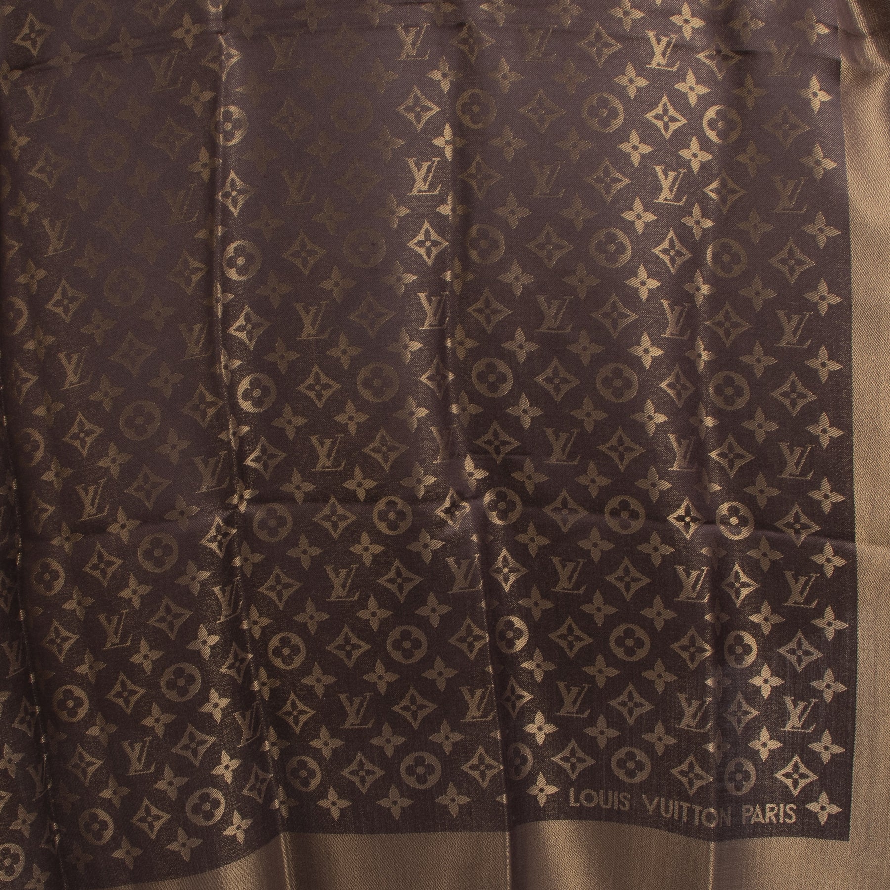 Authentic secondhand Louis Vuitton Espresso Bronze Gold Monogram Shawl designer scarf bags shoes accessories luxury vintage webshop safe secure online shopping fashionista fashion worldwide shipping