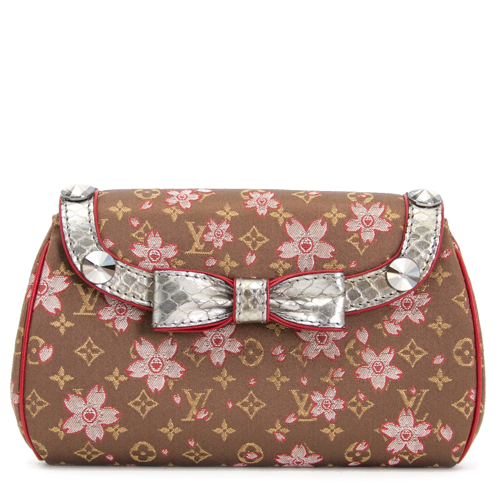 koop veilig online jouw tweedehands Louis Vuitton Takashi Murakami Mini Monogram Satin Cherry Blossom Griotte Bag