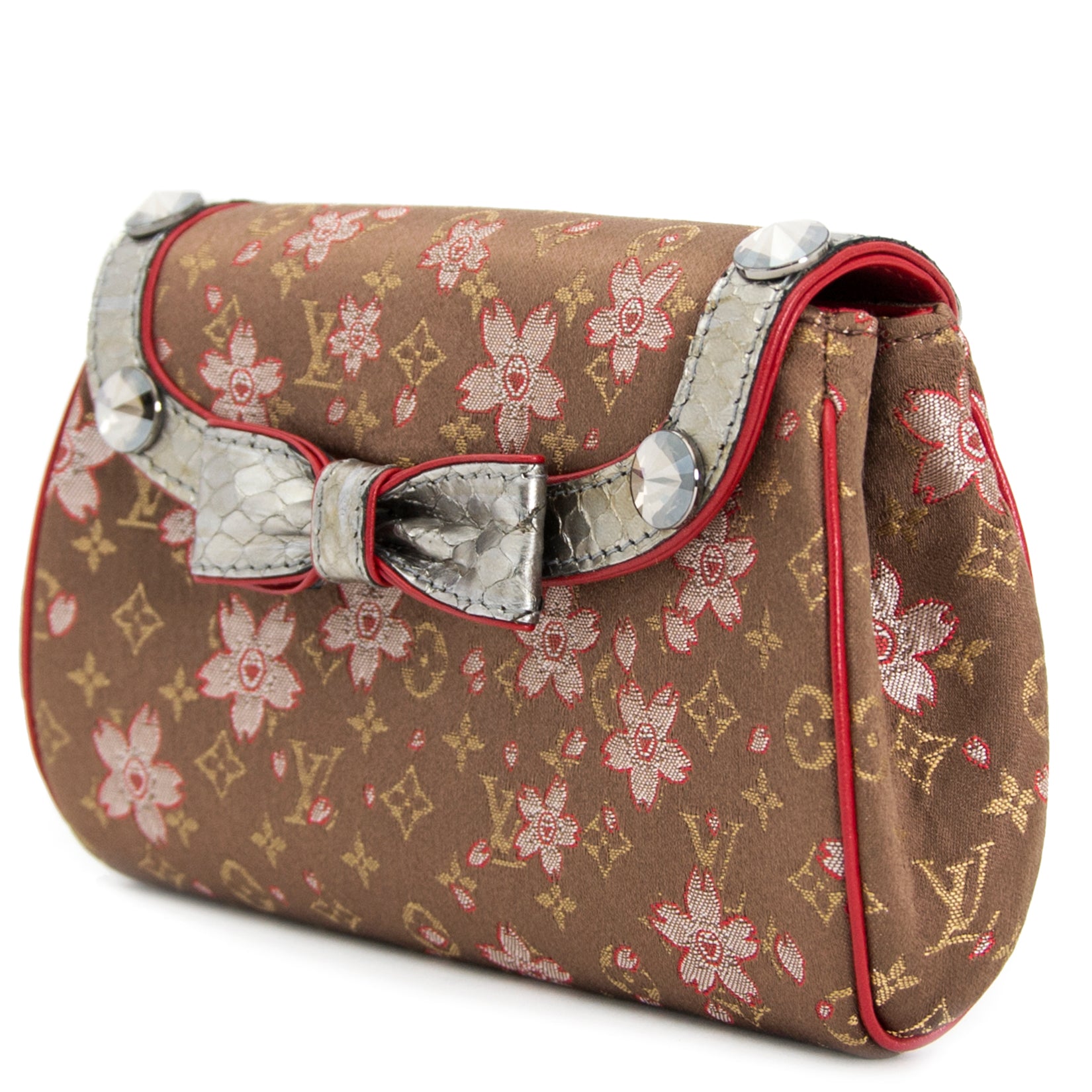 koop online jouw tweedehands Louis Vuitton Takashi Murakami Mini Monogram Satin Cherry Blossom Griotte Bag
