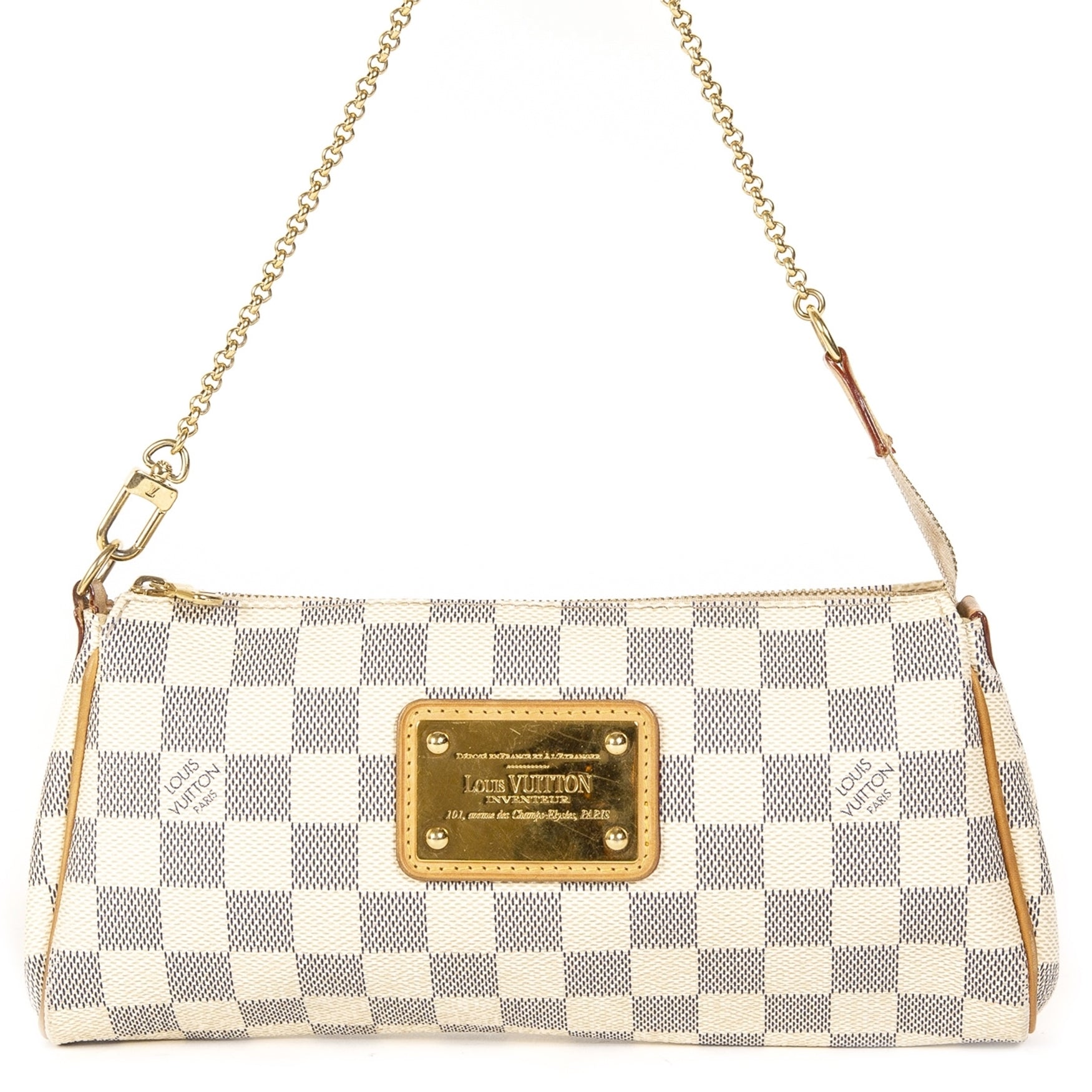 Louis Vuitton Damier Azur Pochette Milla MM Bag. Koop Louis Vuitton lichte azur Damier tas, minitas trend. Bij LabelLOV Antwerpen.