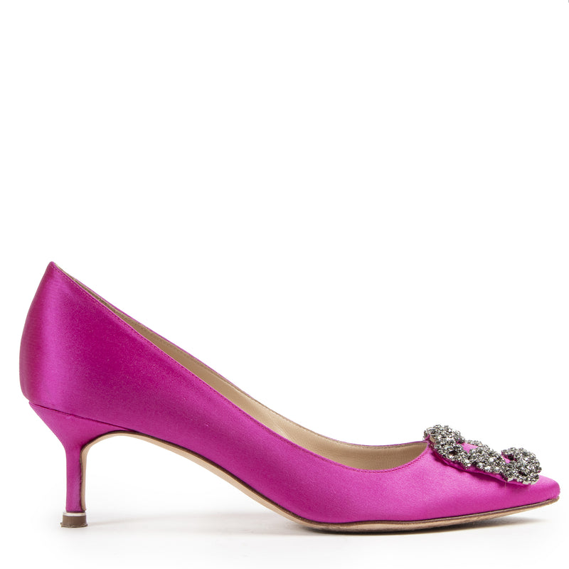 Manolo Blahnik Pink Jeweled Buckle Kitten Heel Pumps